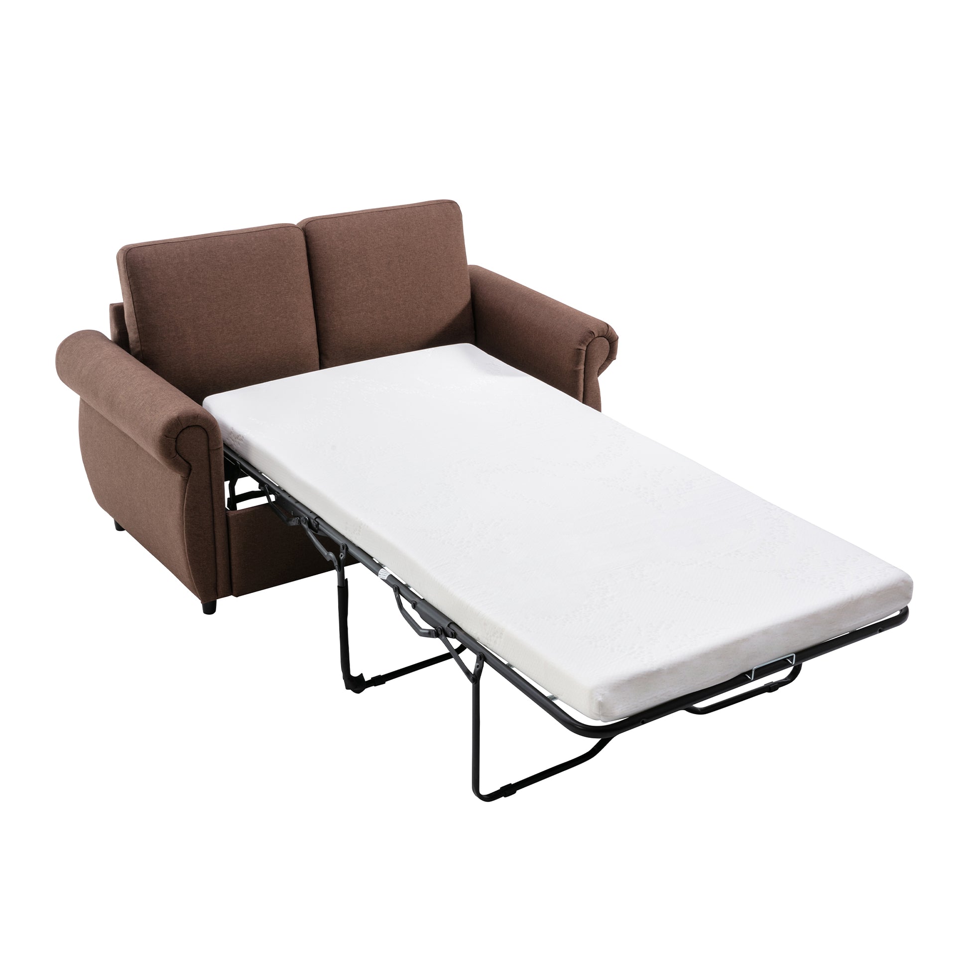 Brown fabric sofa bed with open mattress and metal frame