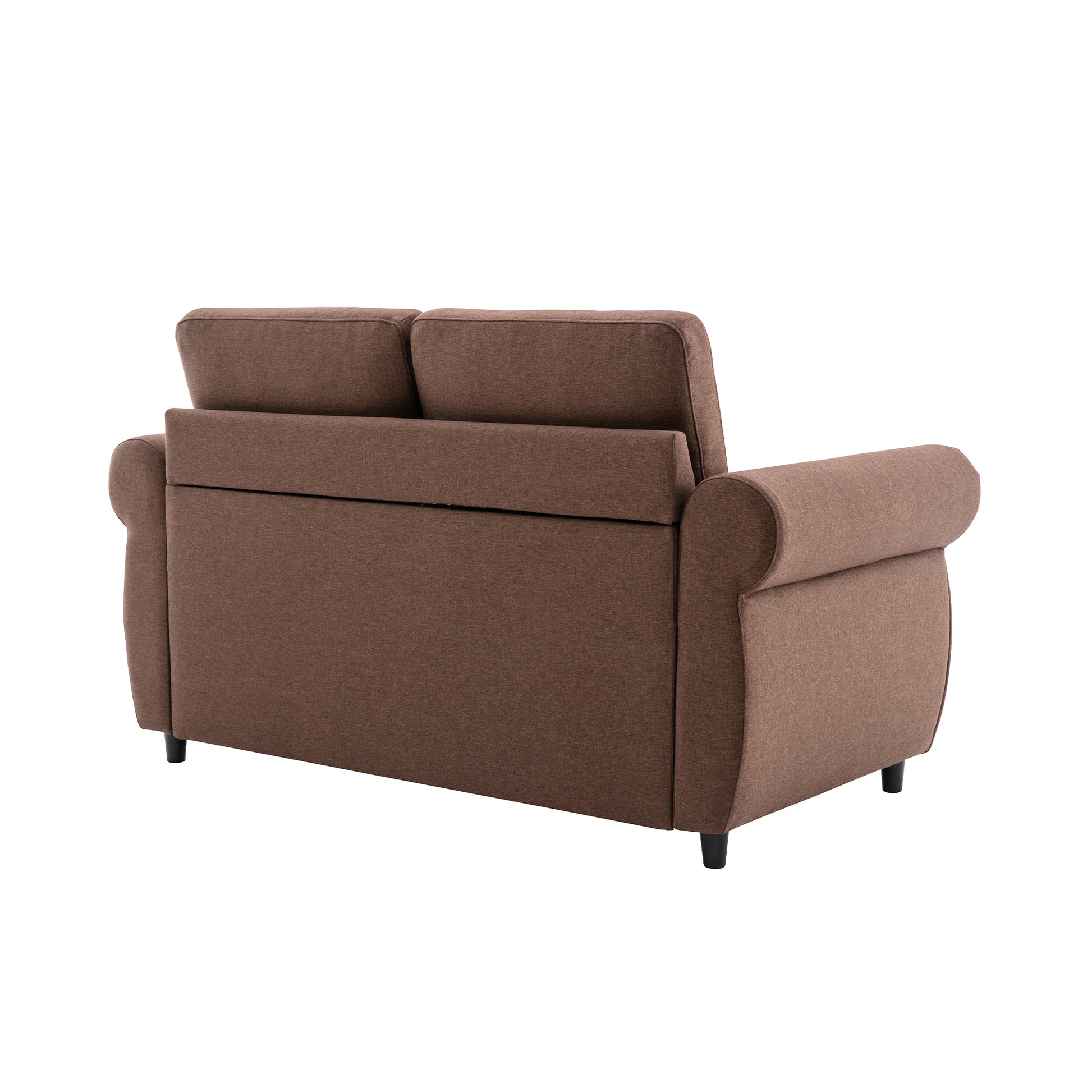 Brown fabric sofa with rolled arms and tufted back cushions perfect for small apartments