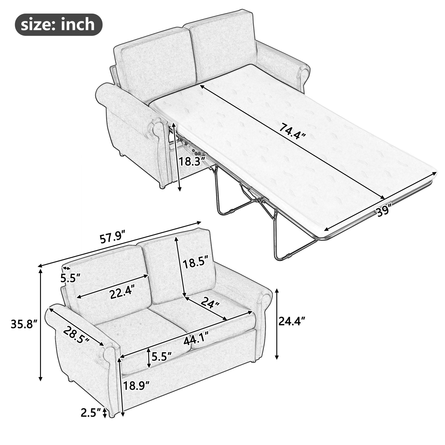 Diagram showing measurements for a pullout sofa bed in inches