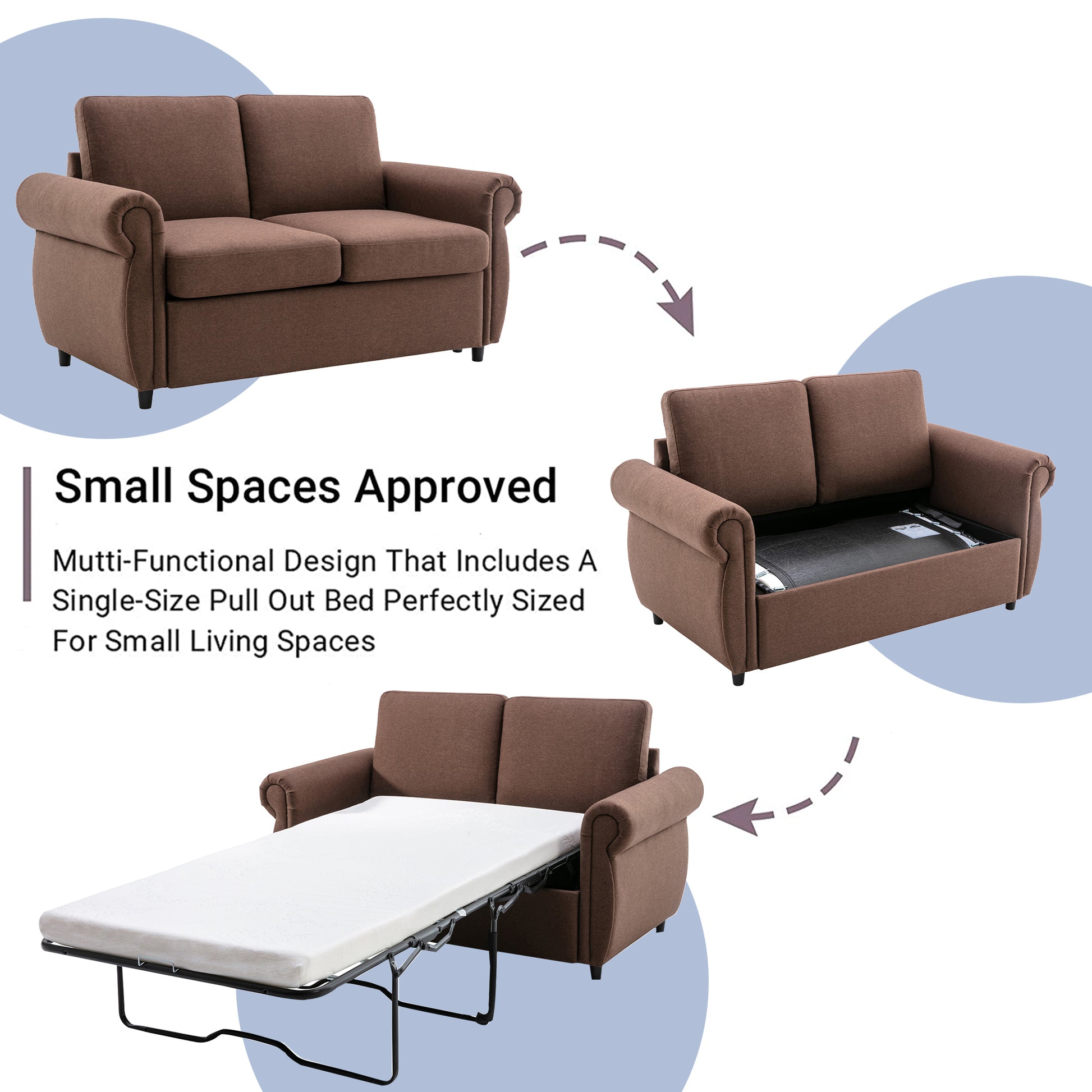 Brown fabric loveseat sofa transforms into a singlesize pullout bed for small spaces