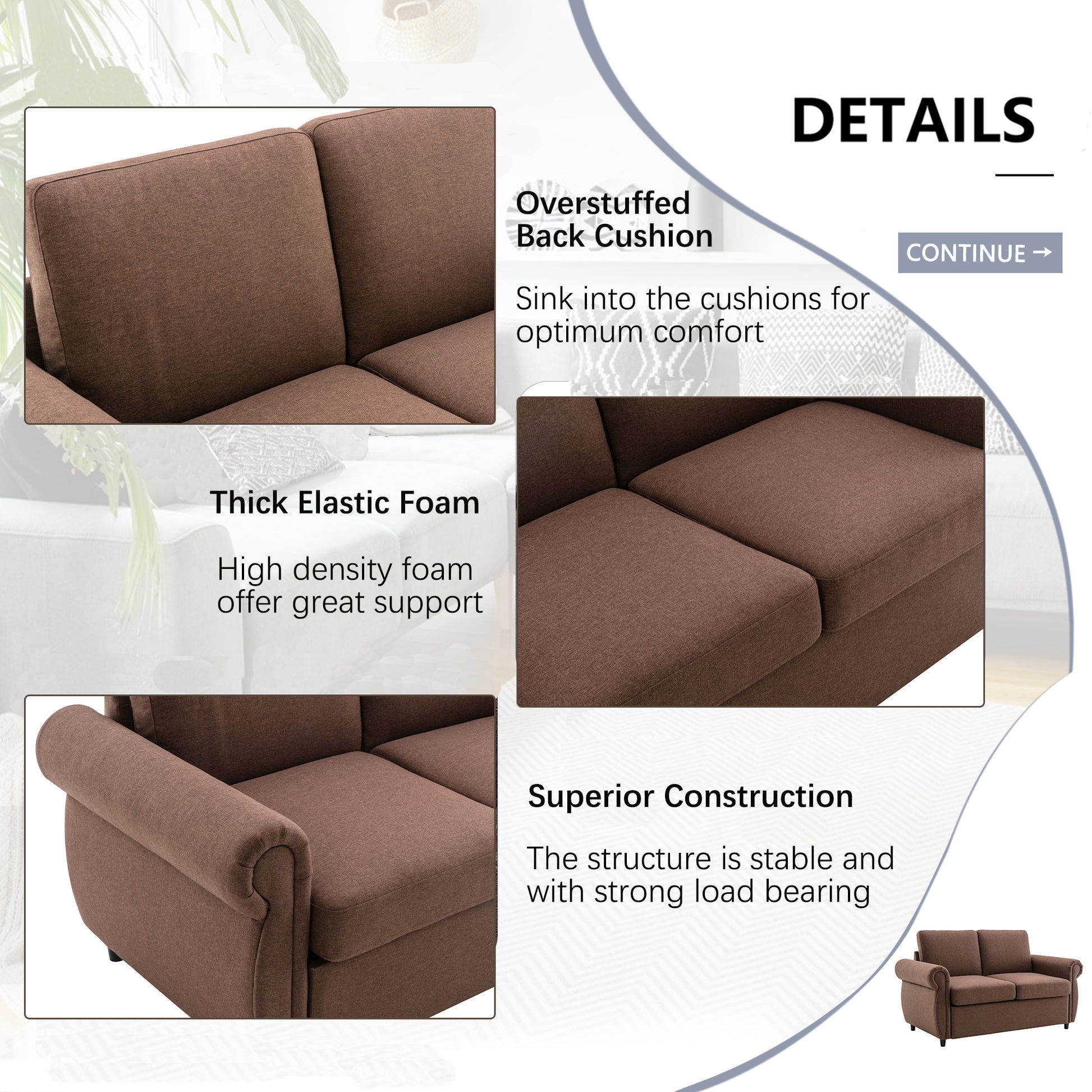 Brown upholstered sofa with overstuffed back cushions for optimal comfort