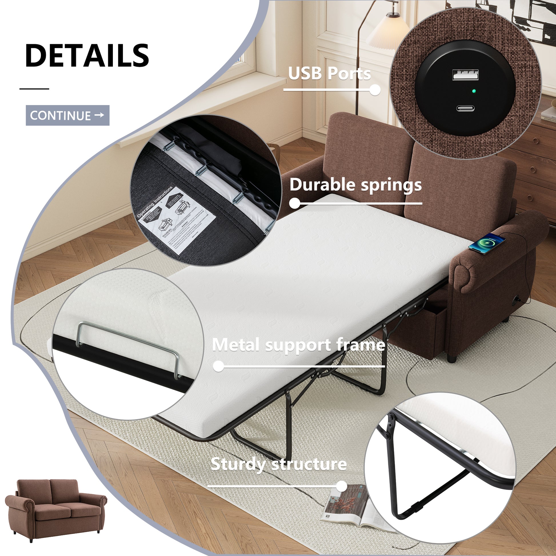 Brown sofa bed with integrated USB ports for convenient charging