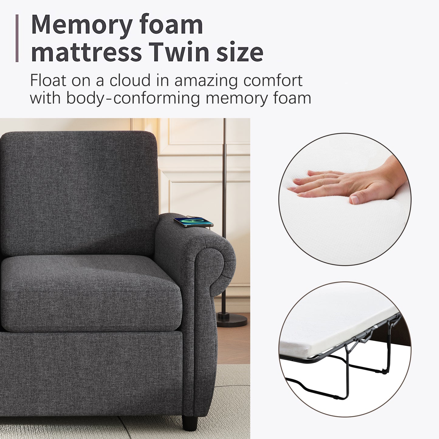 Closeup of a hand pressing into a plush white memory foam mattress