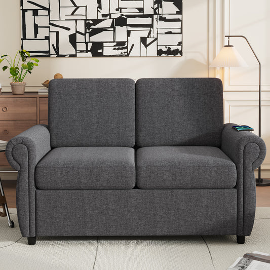 Dark grey fabric sofa with rolled arms featuring a modern design