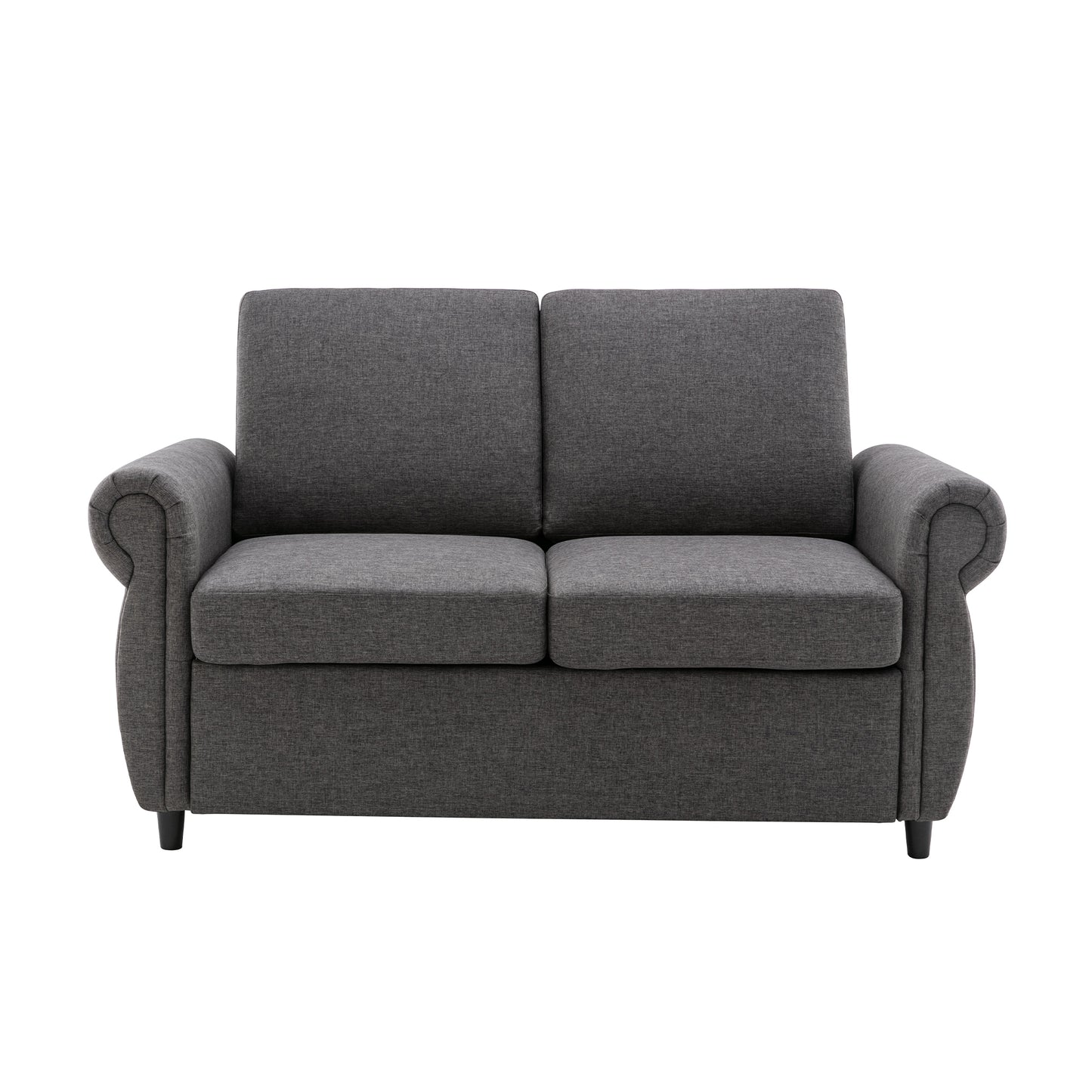 Dark grey fabric sofa with two seat cushions and plush rolled arms