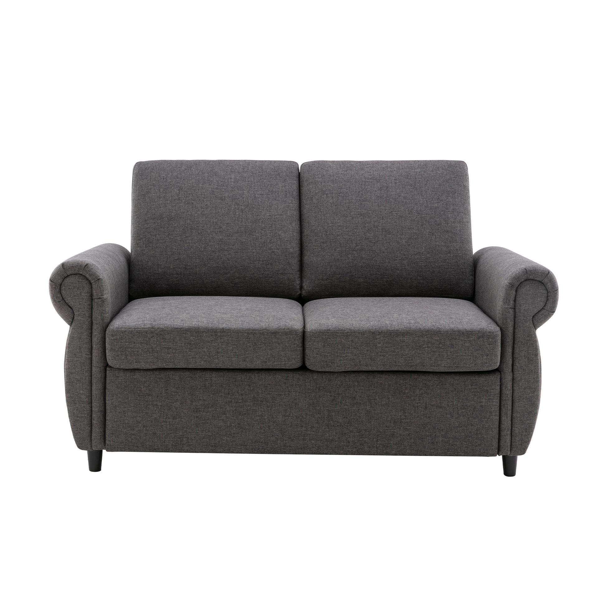 Dark grey fabric sofa with two seat cushions and plush rolled arms