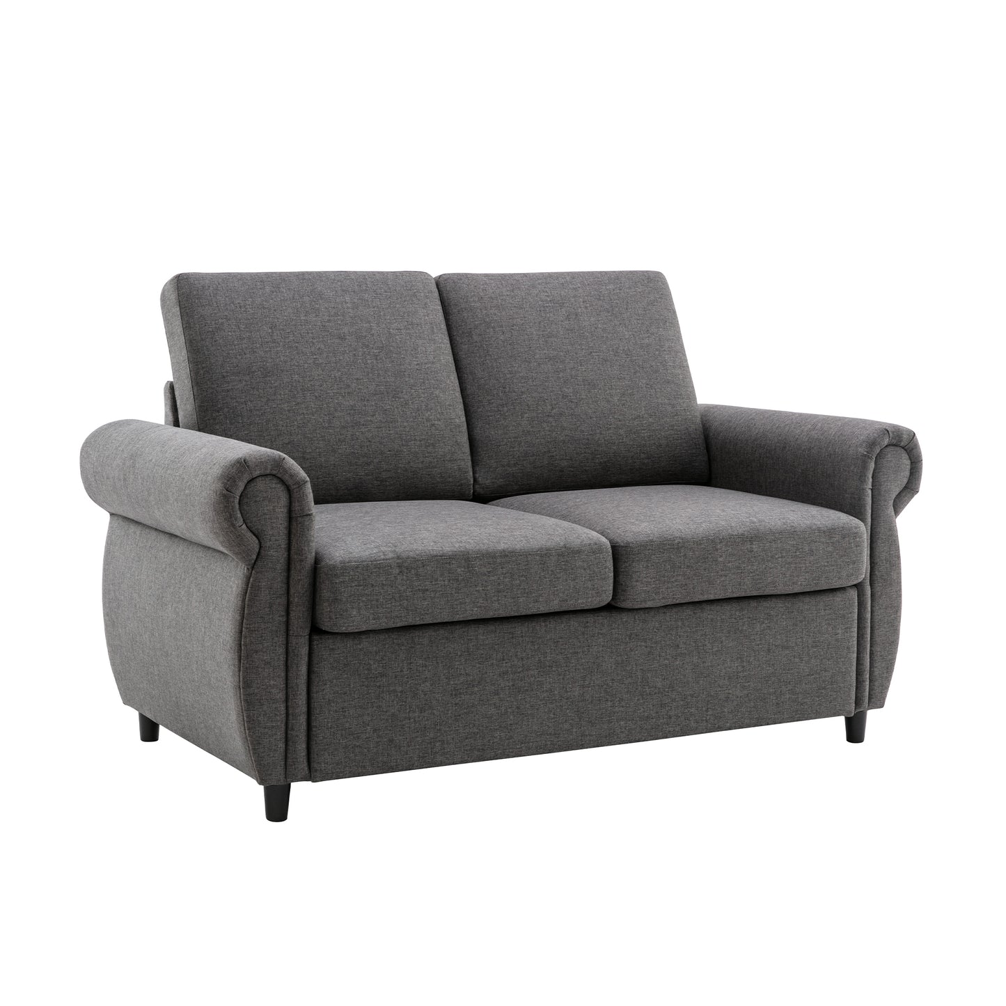 Dark gray fabric loveseat with rolled arms and dark tapered legs