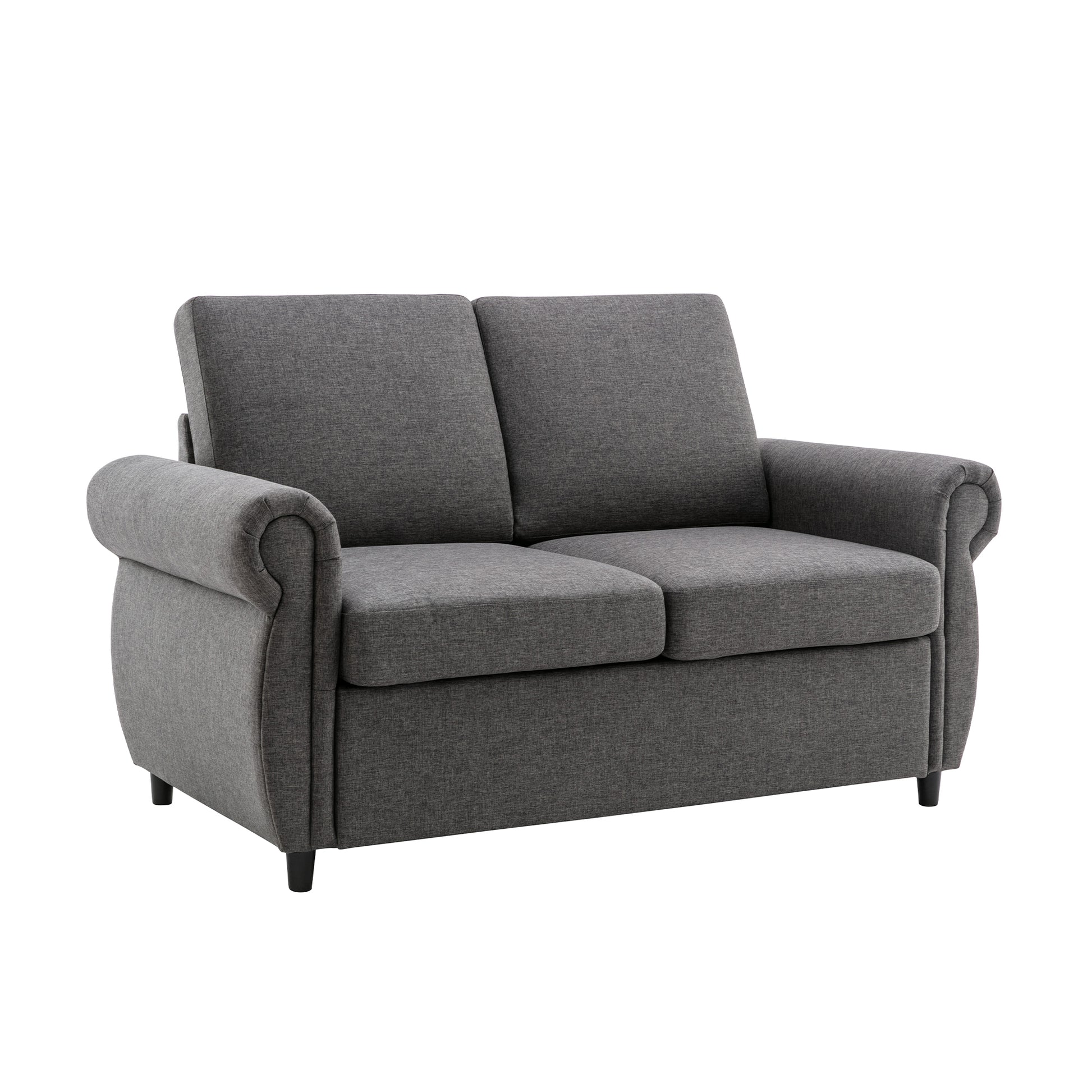 Dark gray fabric loveseat with rolled arms and dark tapered legs
