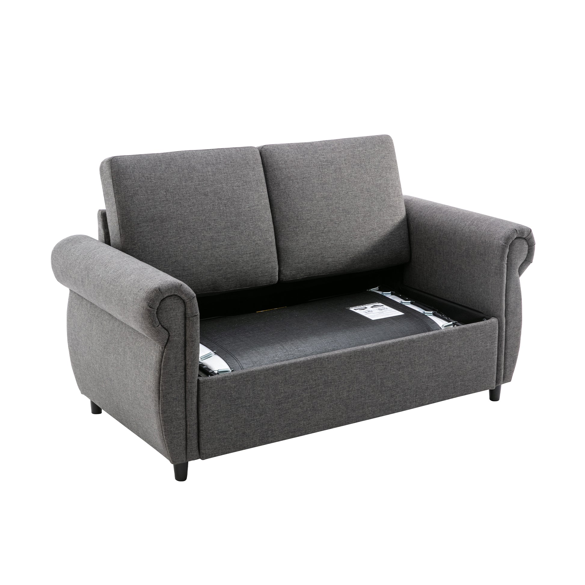 Gray fabric loveseat with storage compartment revealed perfect for small apartments