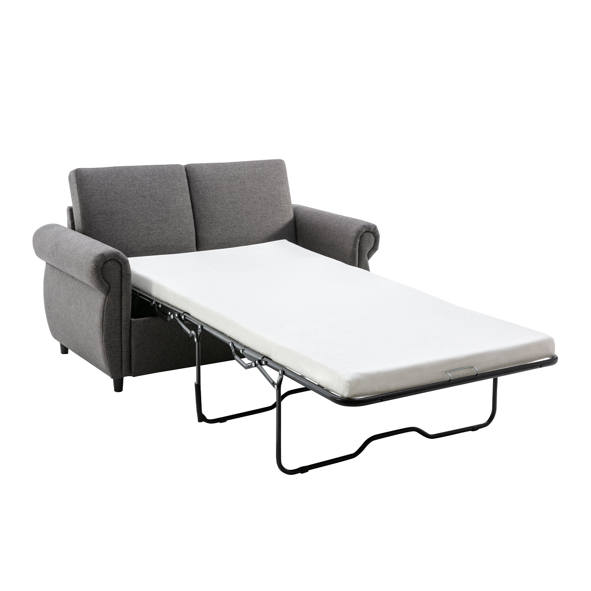 Grey fabric sofa bed with mattress extended featuring rolled arms for a modern look