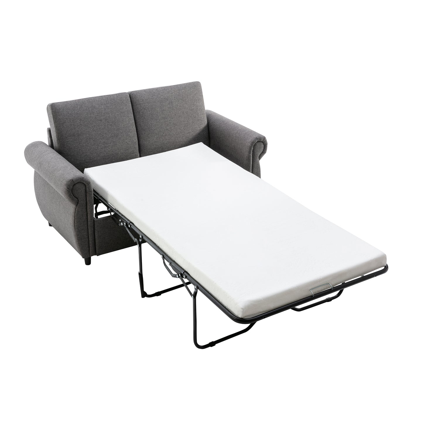 Grey fabric sofa bed with a white mattress extended on a metal frame