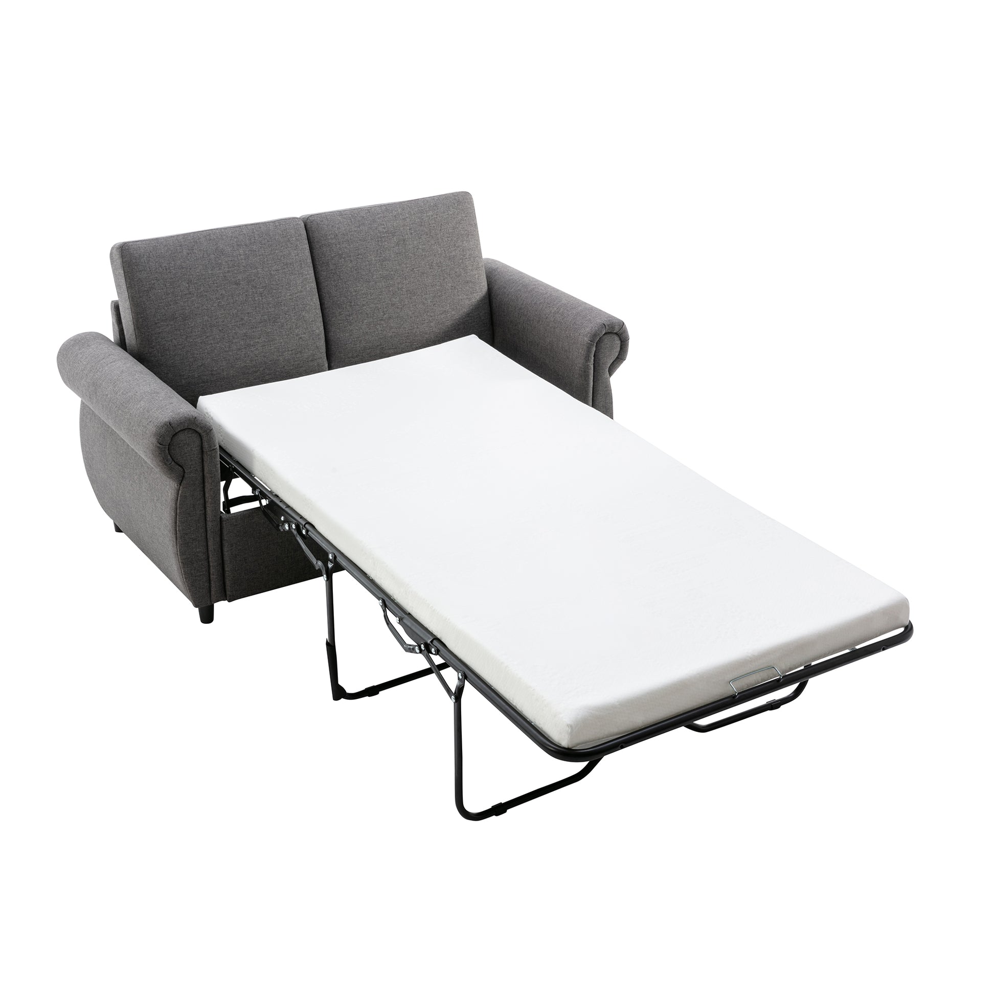 Grey fabric sofa bed with a white mattress extended on a metal frame