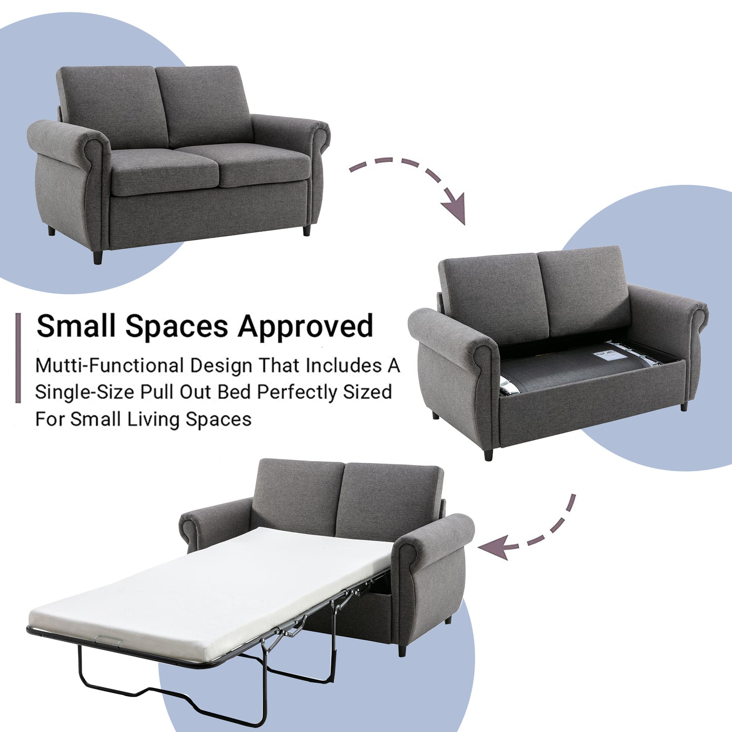 Gray fabric sofa with rolled arms featuring a pullout twin bed for guest comfort