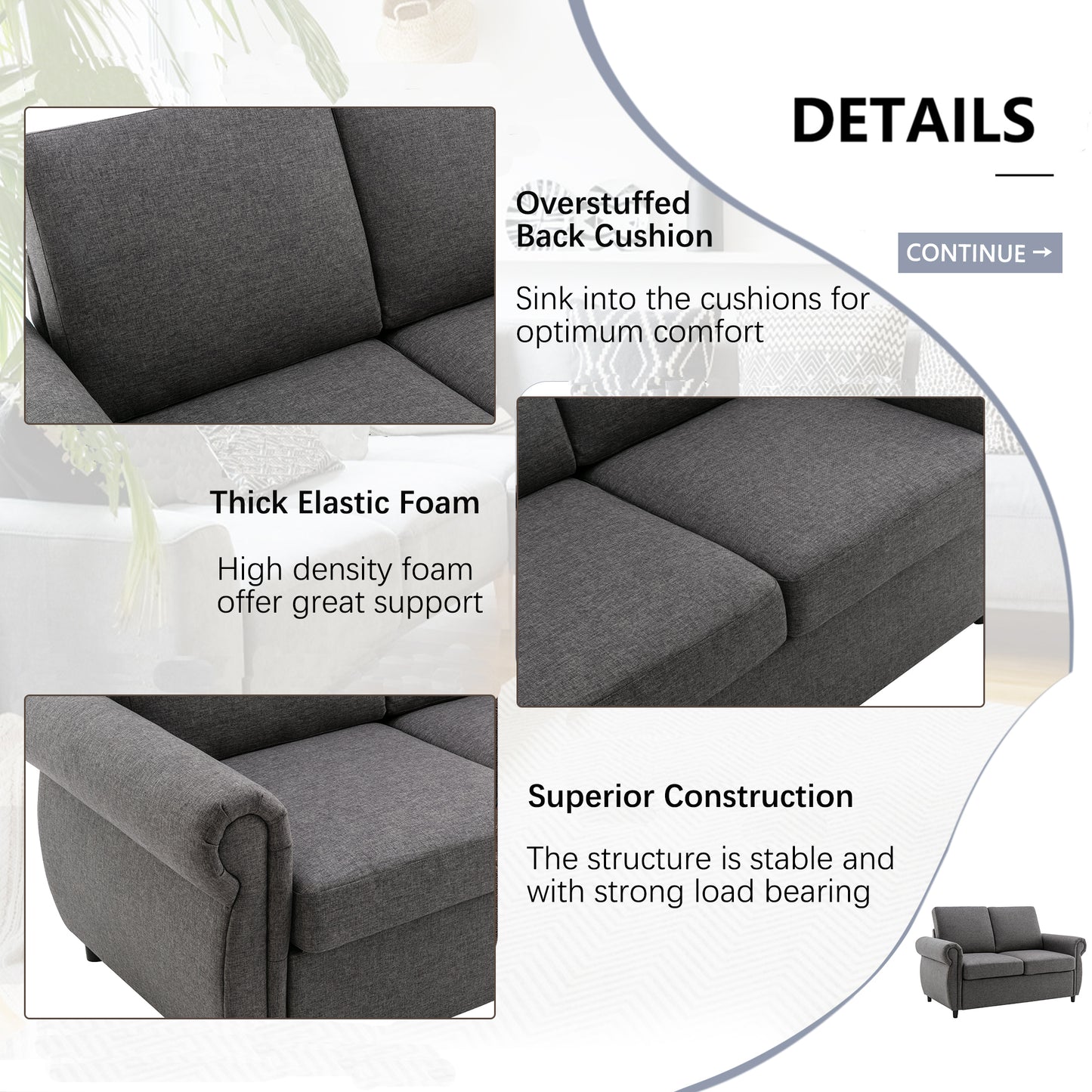 Closeup of charcoal grey fabric overstuffed back cushion on a modern sofa