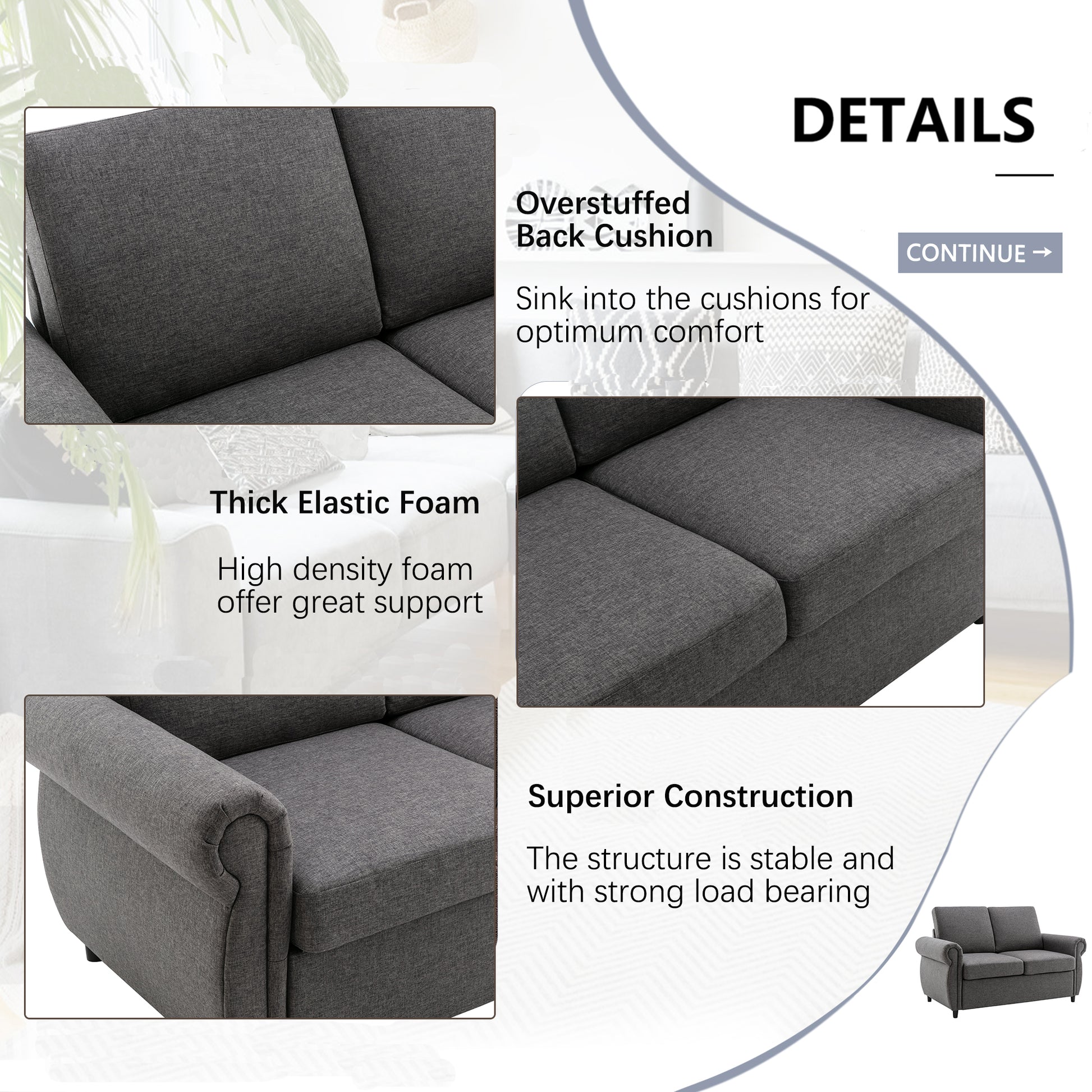 Closeup of charcoal grey fabric overstuffed back cushion on a modern sofa