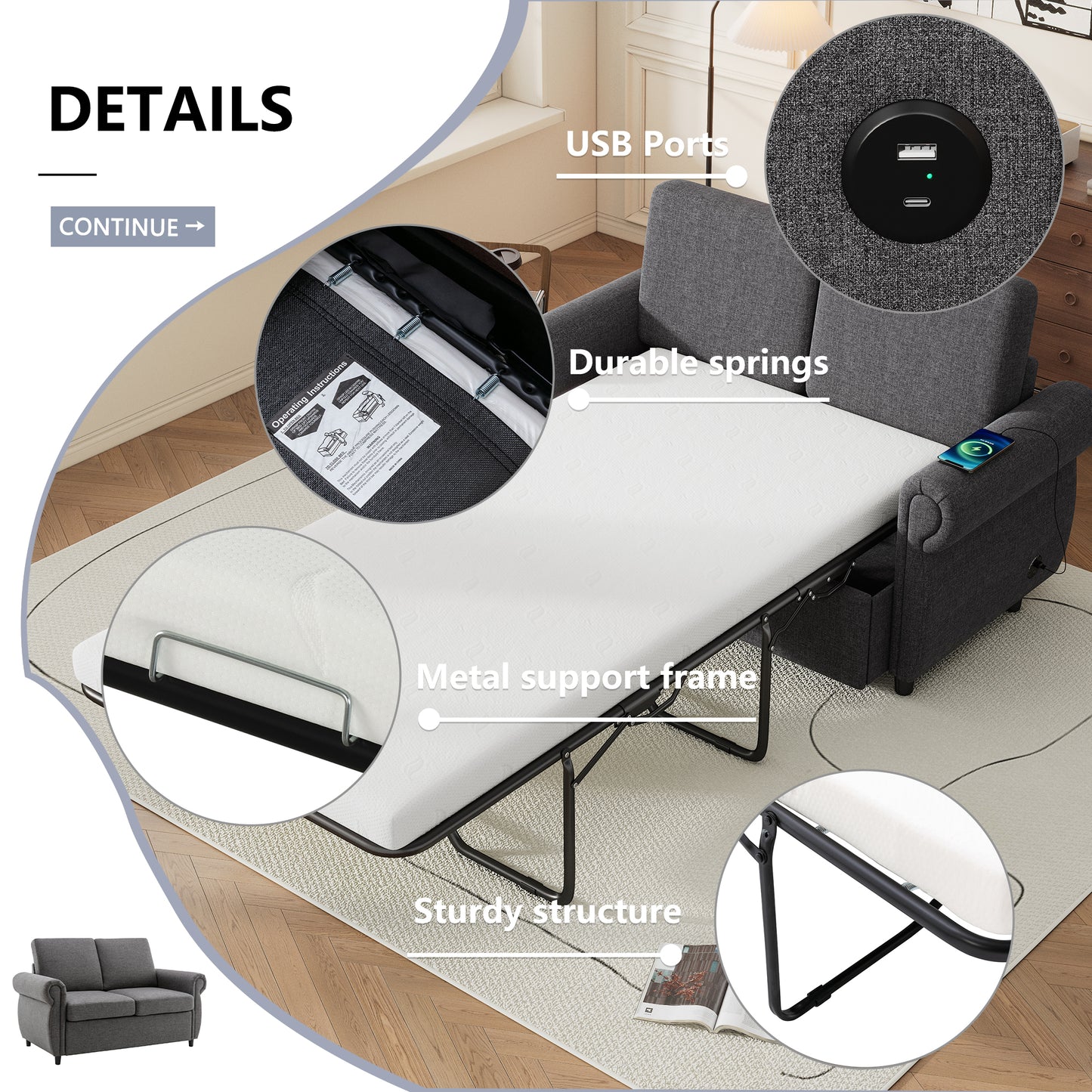 Dark gray sofa bed with extended mattress and integrated USB ports