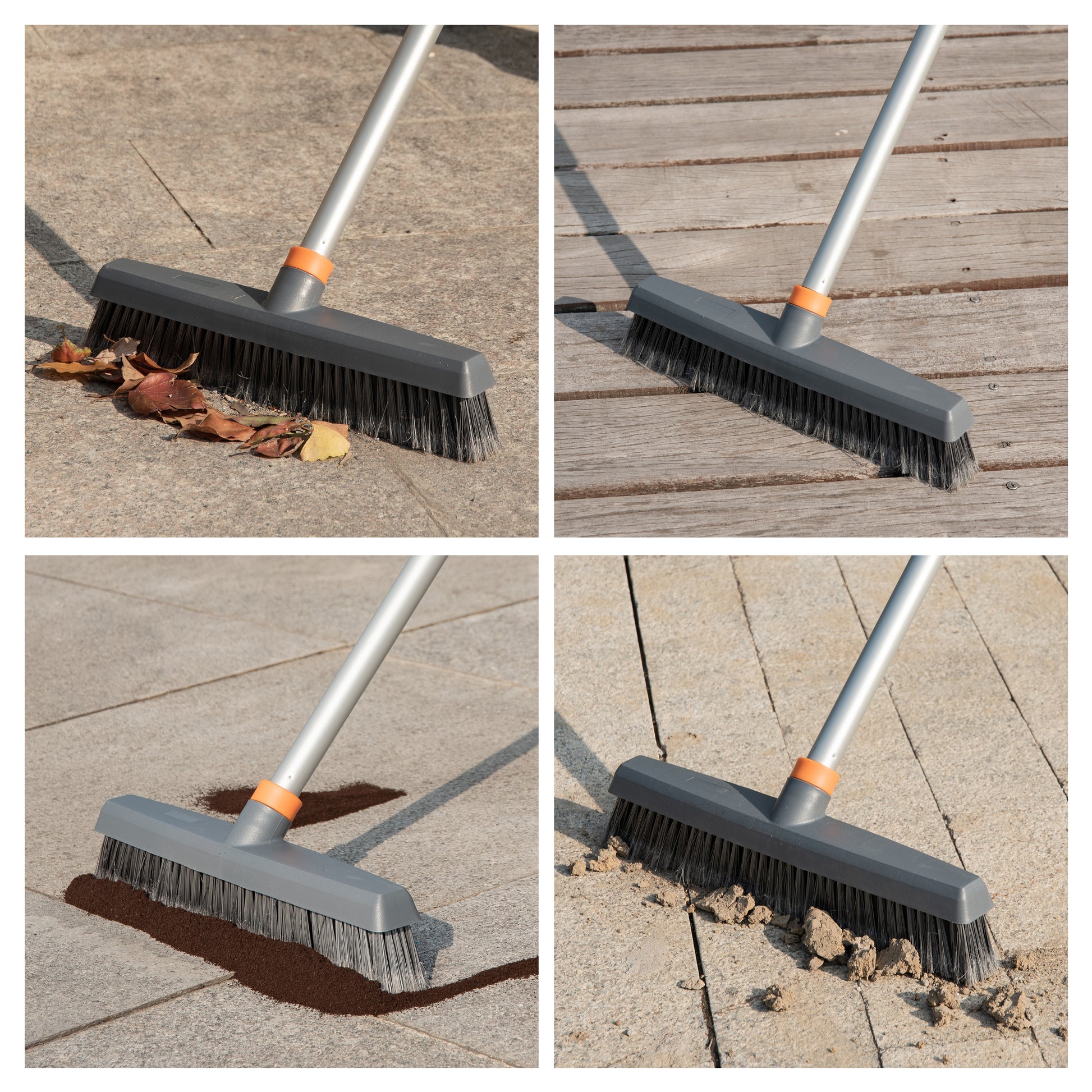 Gray outdoor broom with stiff bristles clearing dry leaves from patio stones