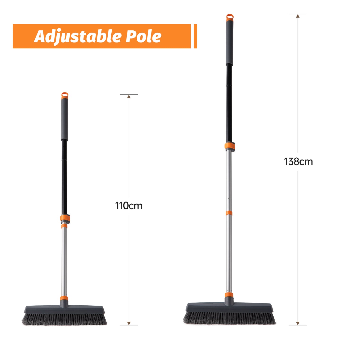 Adjustable pole broom with grey bristles and orange accents extended to cm