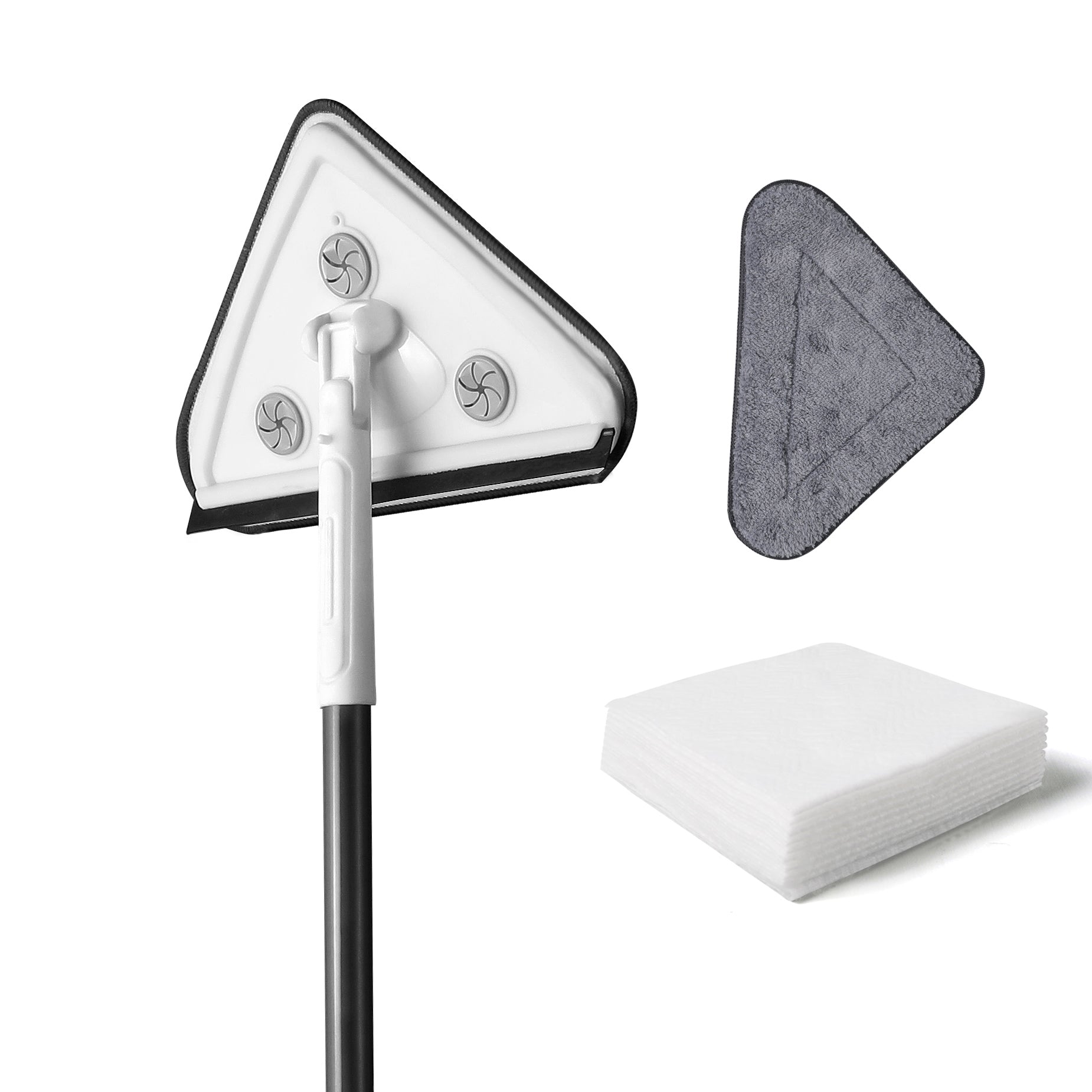 White triangular window cleaning tool with handle and microfiber pad