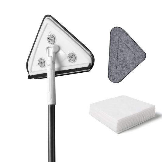 White triangular window cleaning tool with handle and microfiber pad