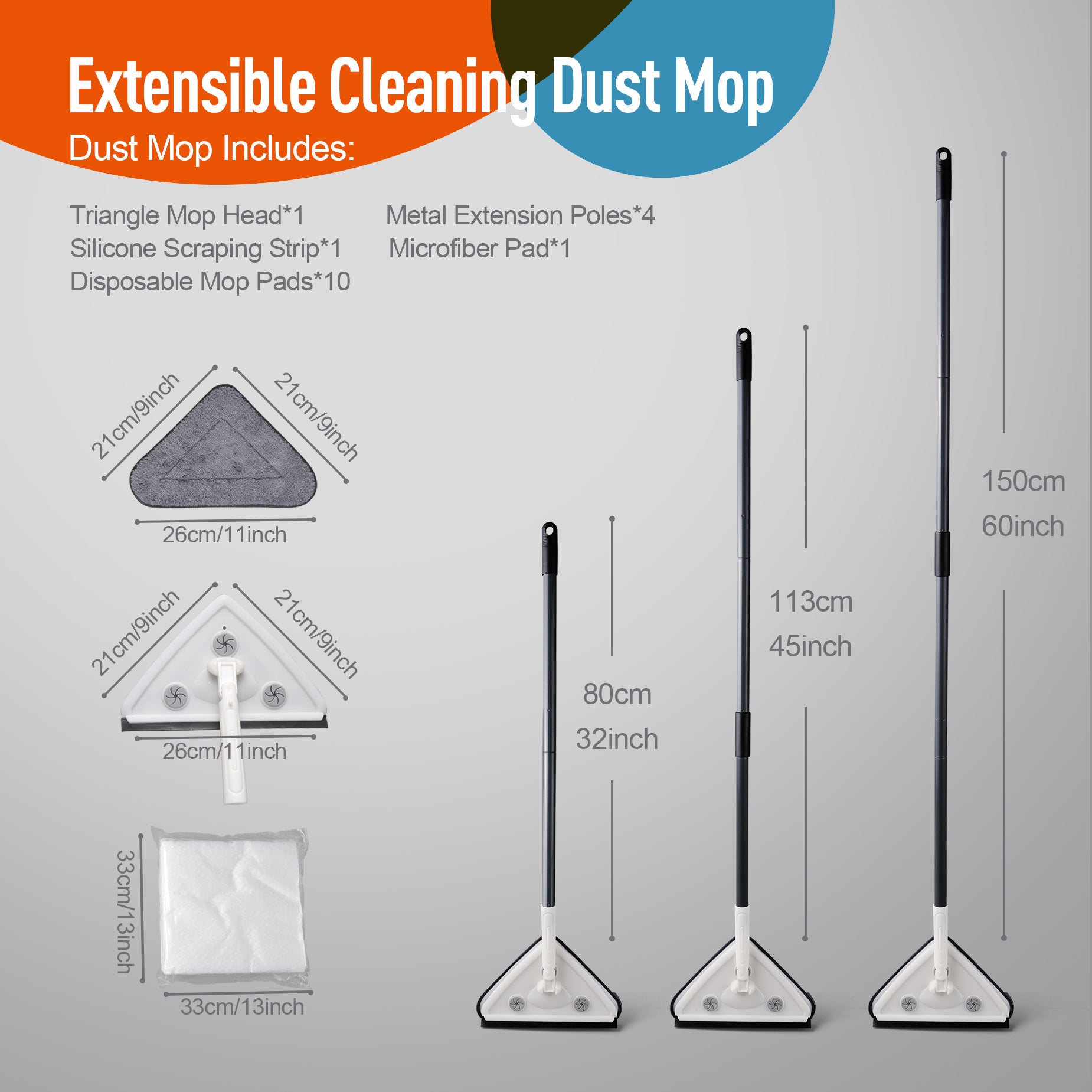Extendable triangular dust mop with microfiber pad for efficient floor cleaning