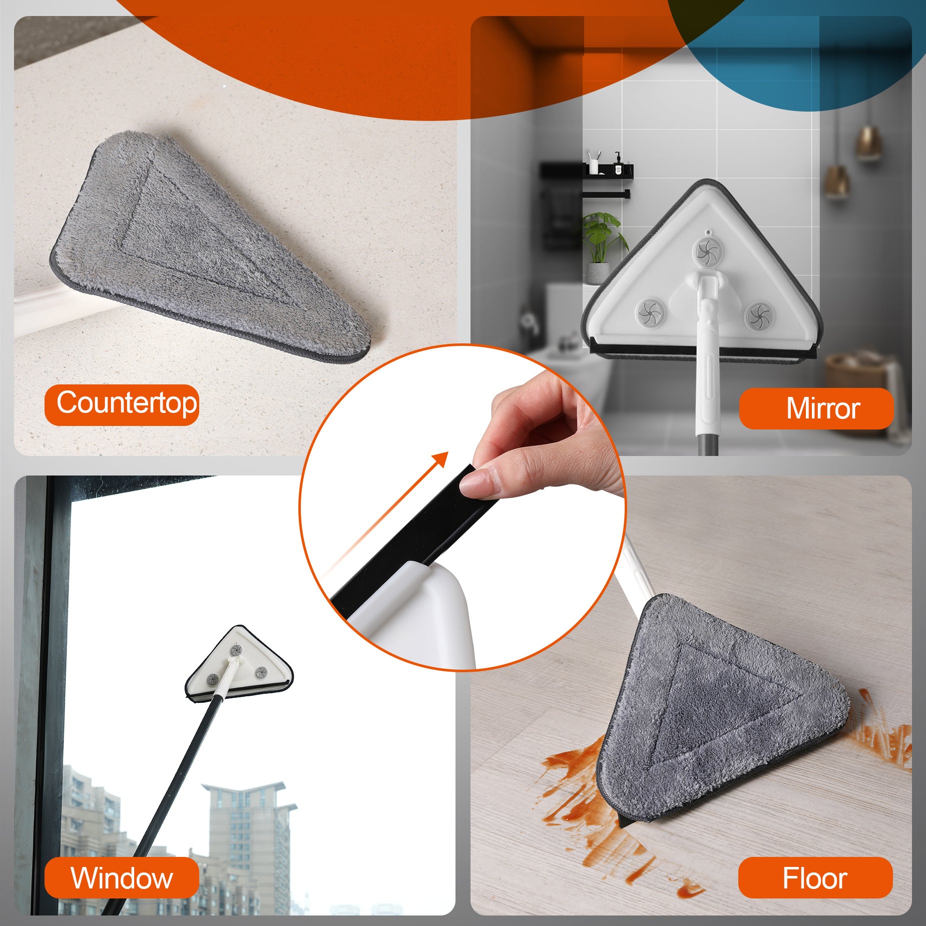 Triangular microfiber cleaning head for versatile floor and surface wiping
