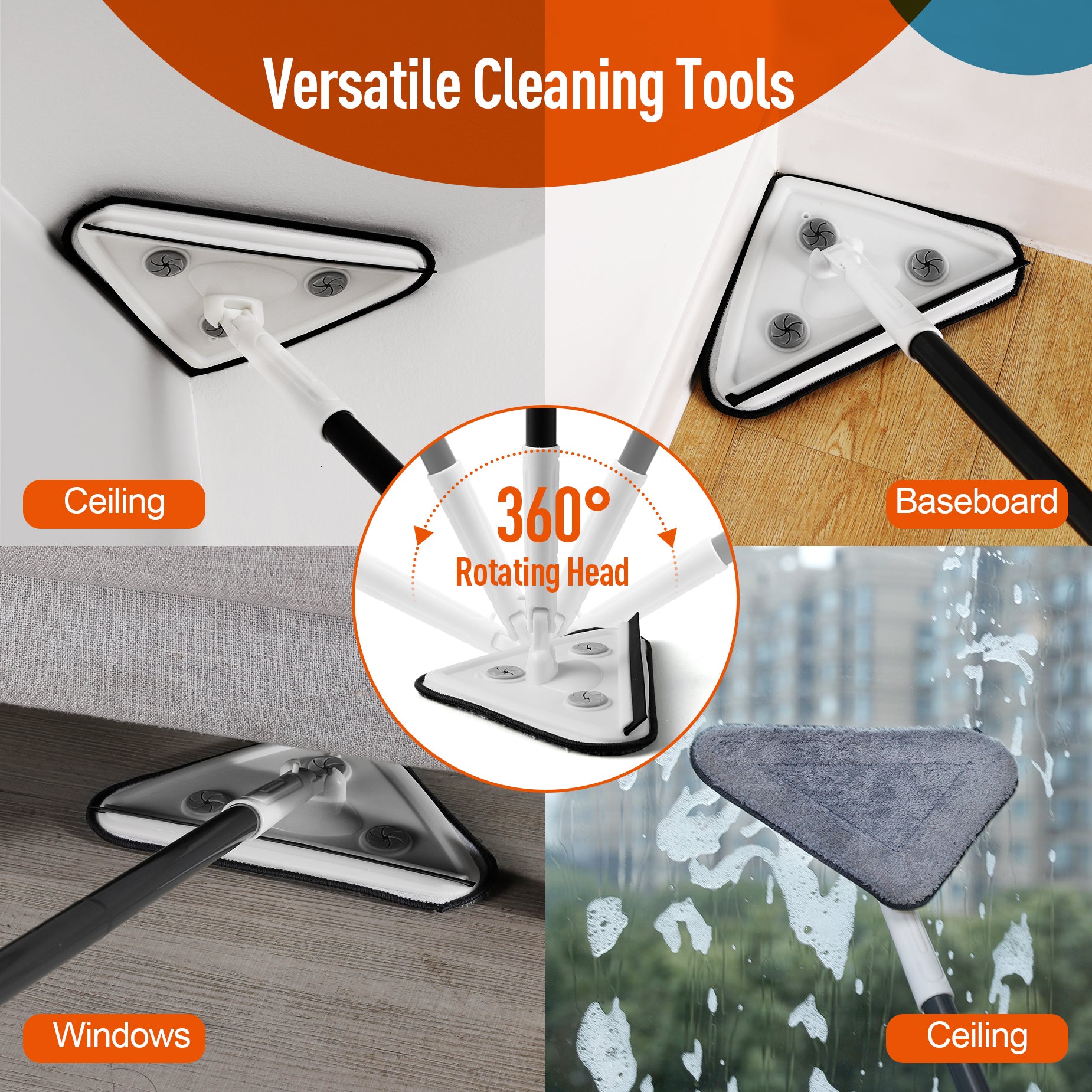 Triangular mop head cleaning a ceiling corner with a white adjustable handle