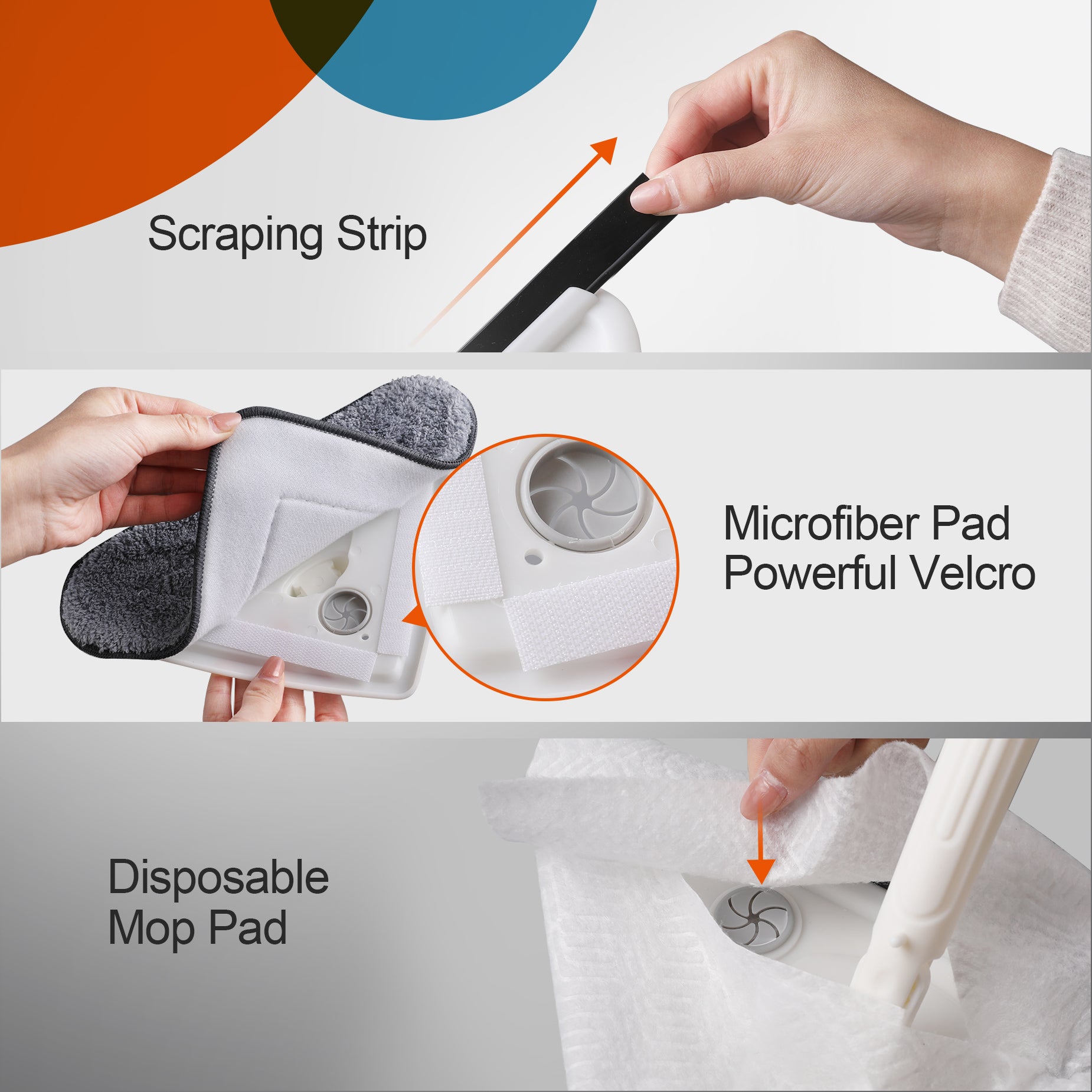 Mop accessory with a black scraping strip held by a hand