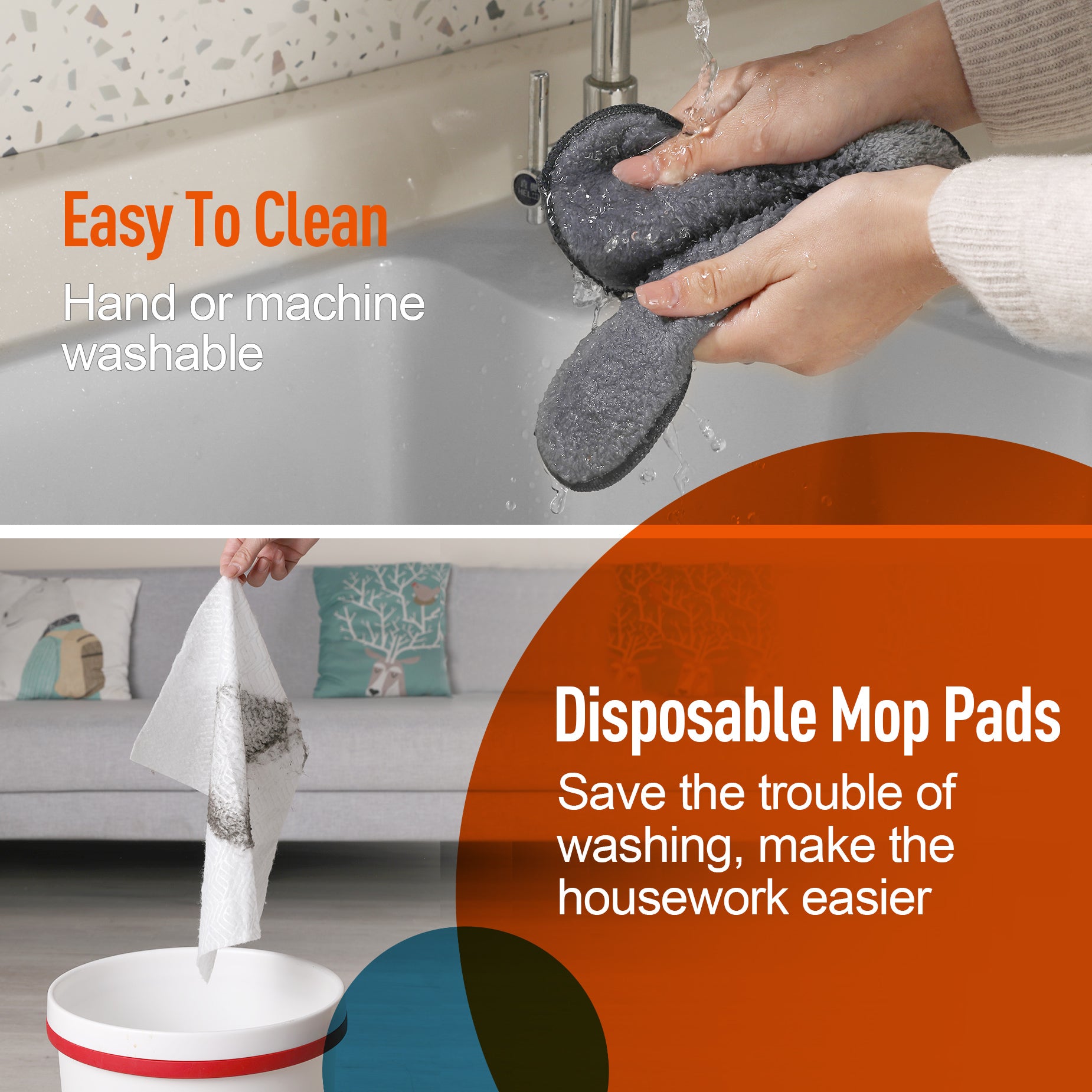 Closeup of hands washing a dark gray microfiber cleaning cloth under a faucet