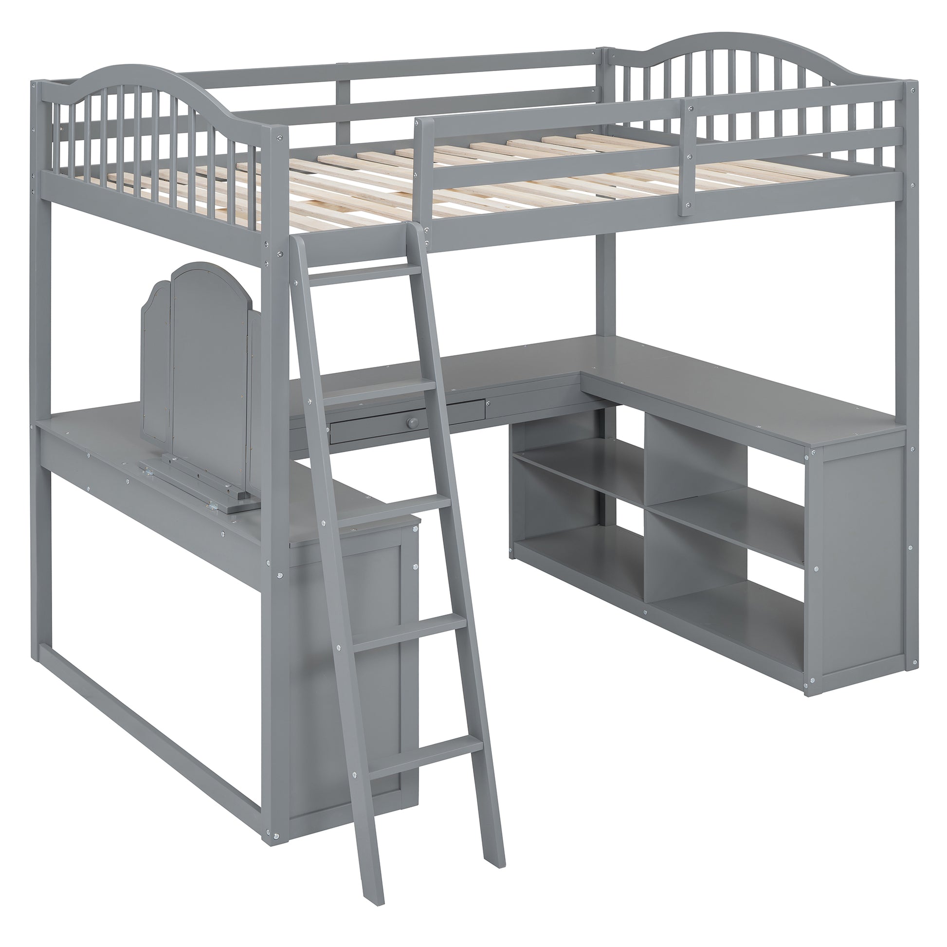 Gray wooden loft bed with integrated desk and shelving unit