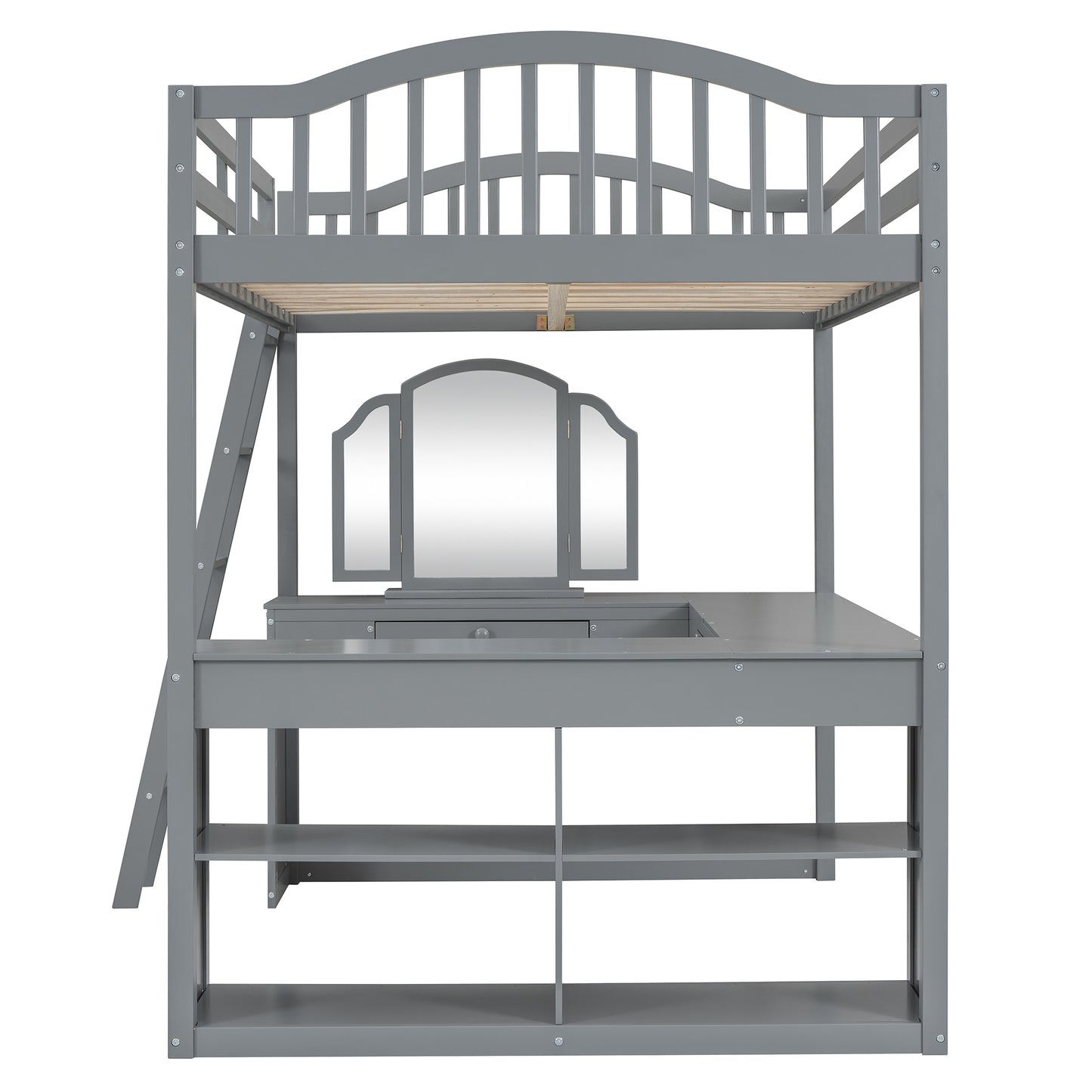 Gray wooden loft bed with desk storage shelves and trifold mirror attached