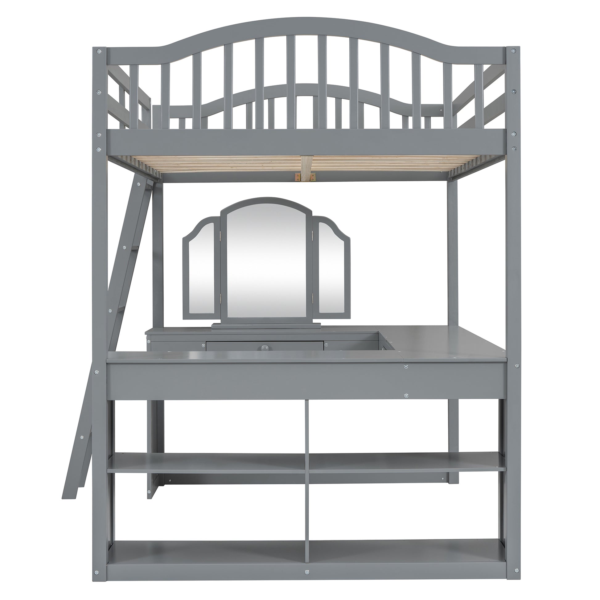 Gray wooden loft bed with desk storage shelves and trifold mirror attached