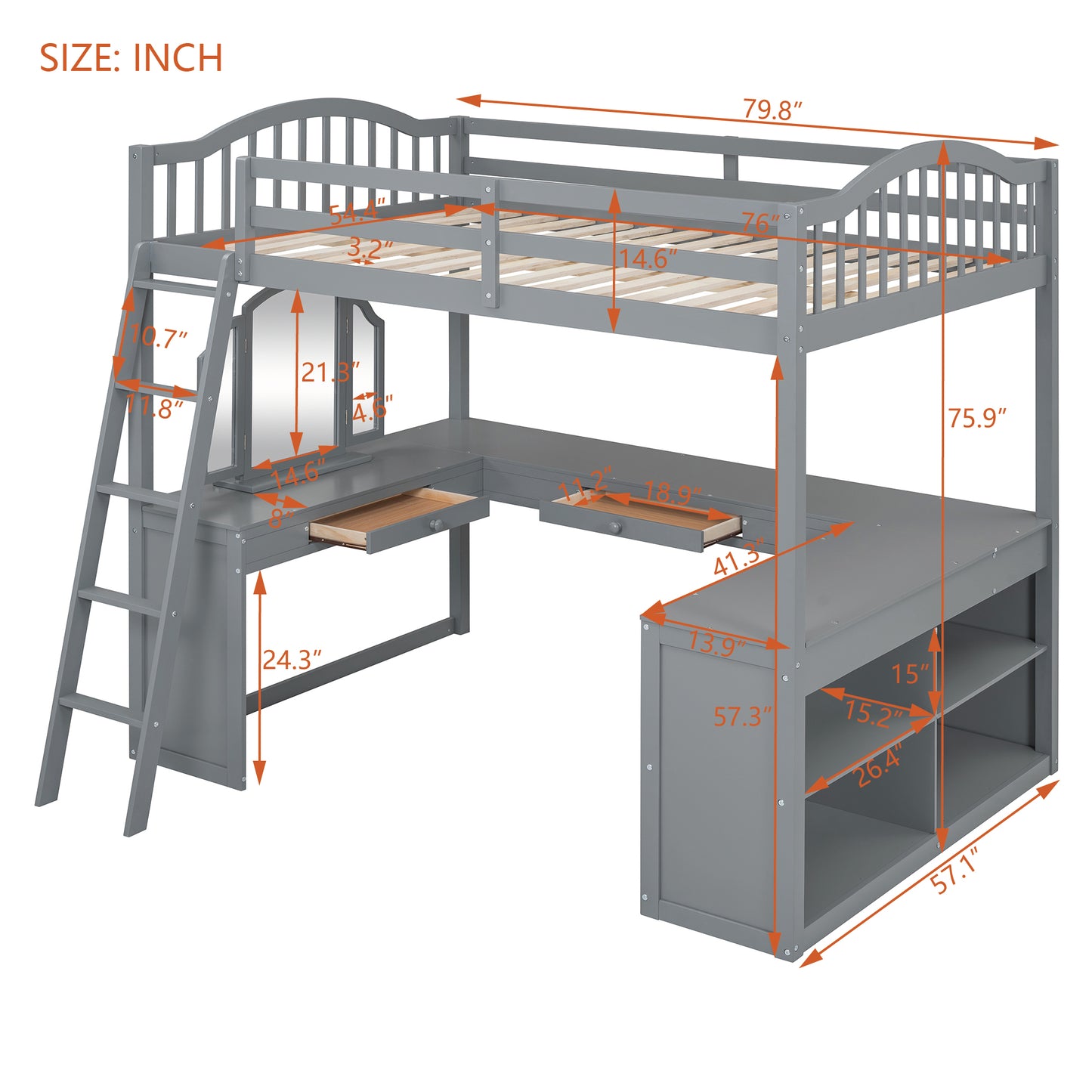 Gray wooden loft bed with integrated desk shelving and mirror