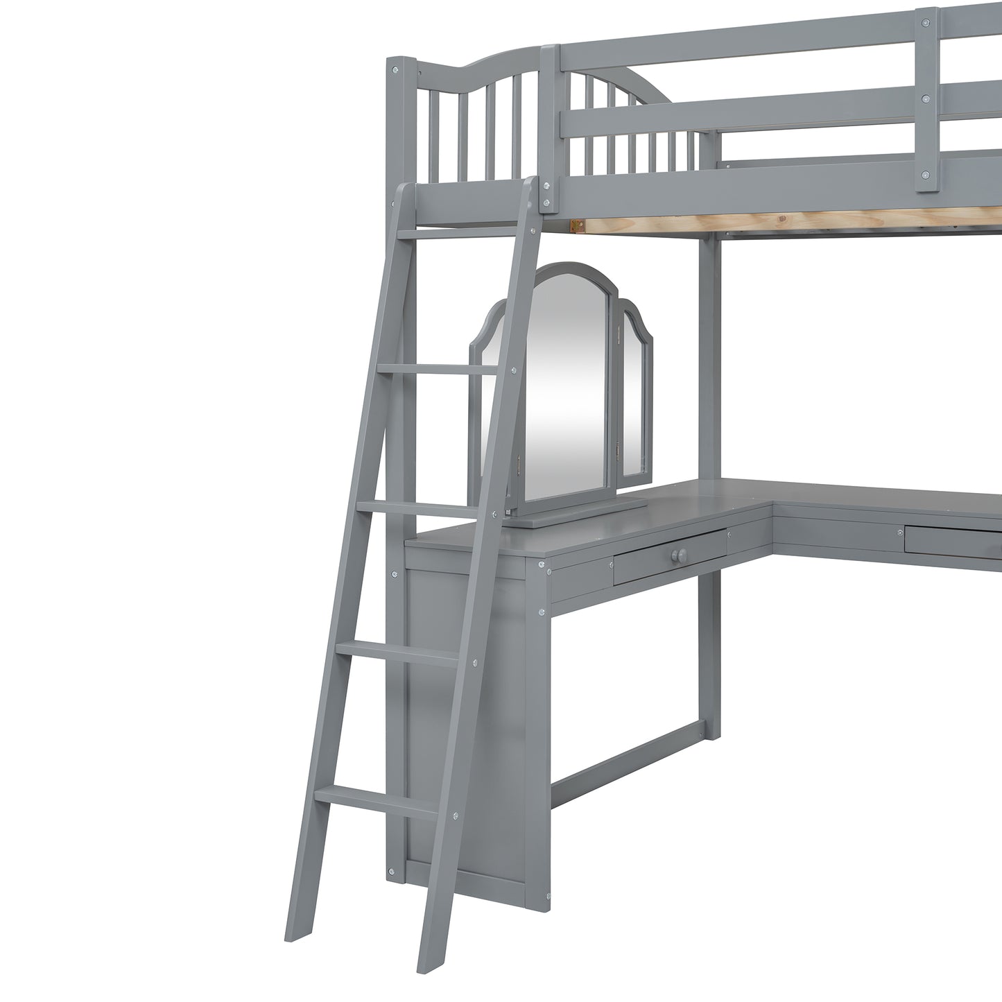 Gray wooden loft bed with integrated Lshaped desk and trifold mirror