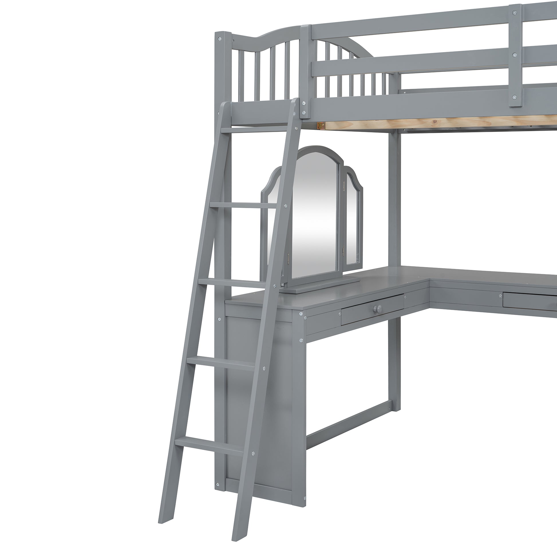 Gray wooden loft bed with integrated Lshaped desk and trifold mirror