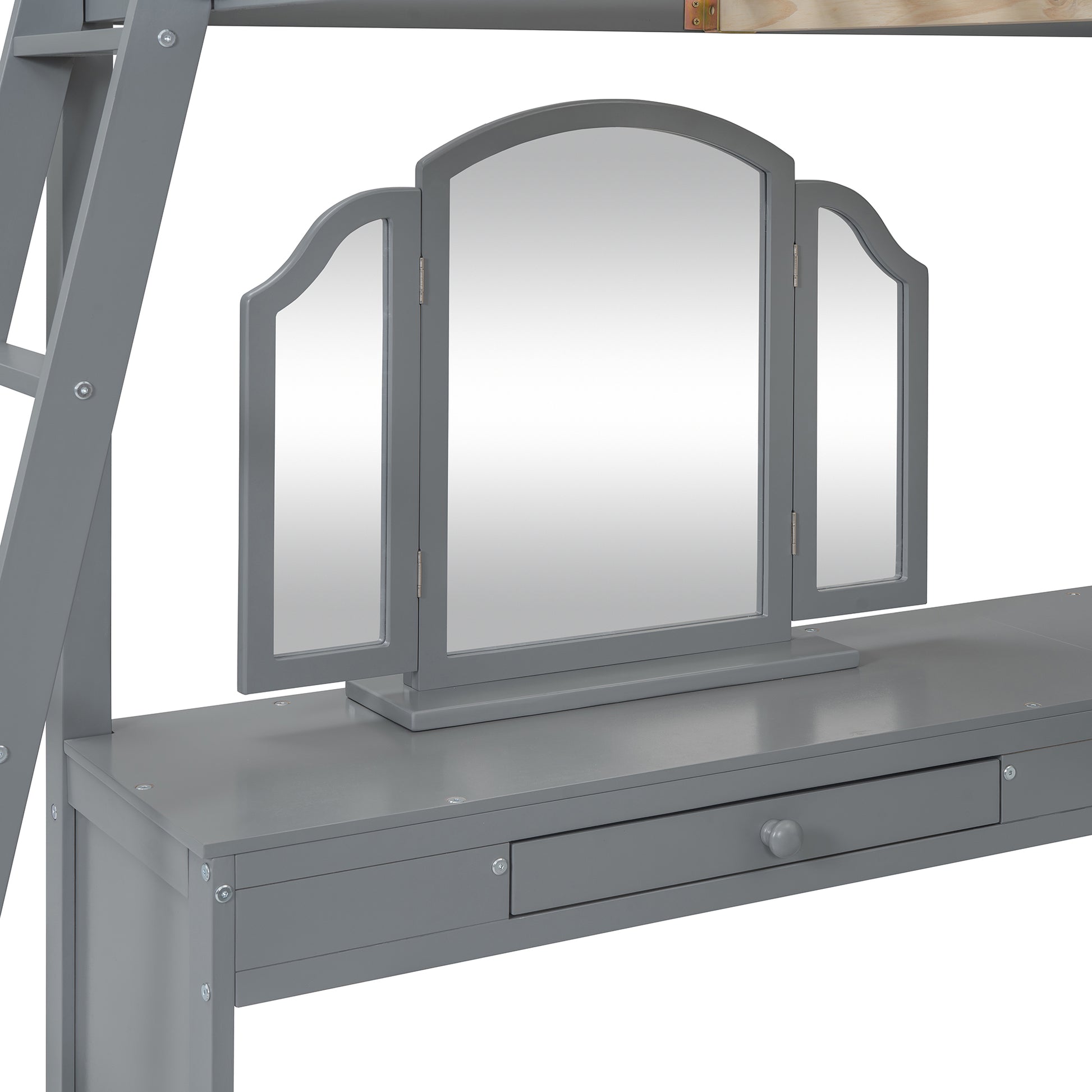 Gray wooden vanity desk with trifold mirror and drawer