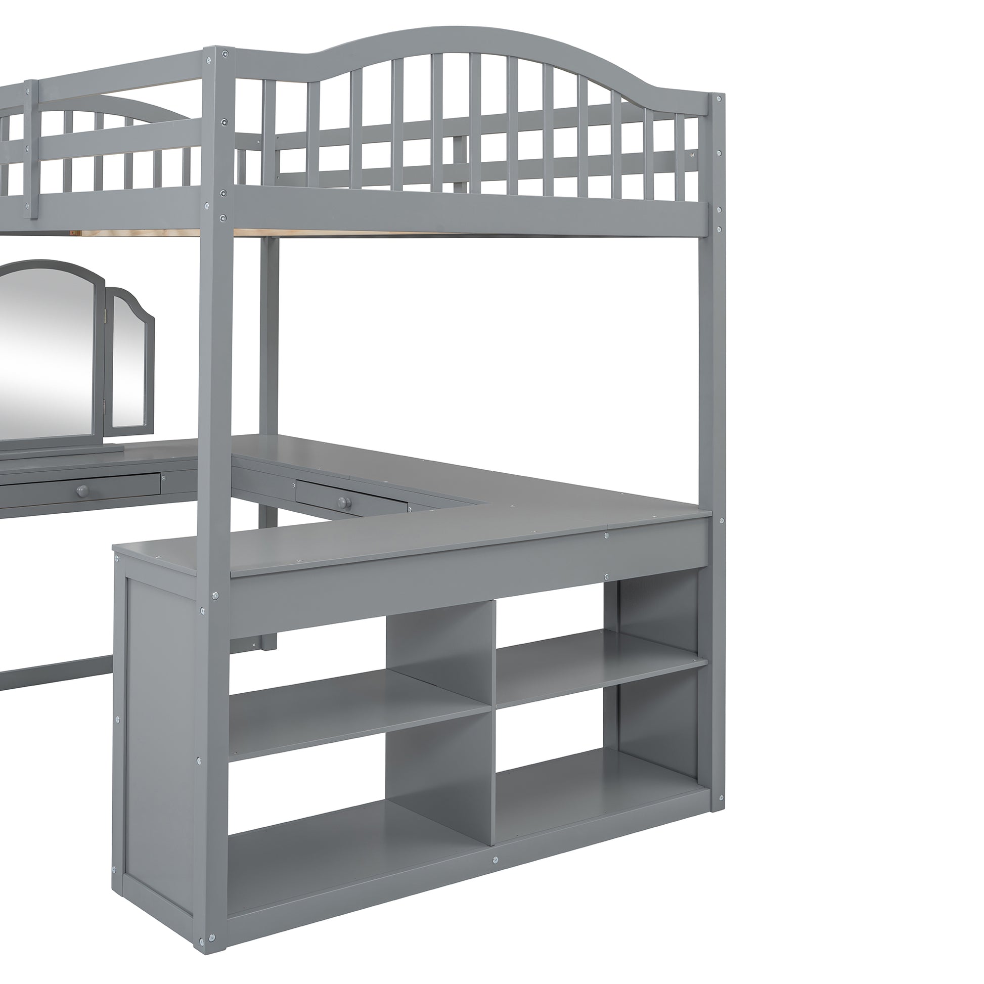 Gray loft bed with Ushaped desk and integrated shelving unit ideal for kids rooms