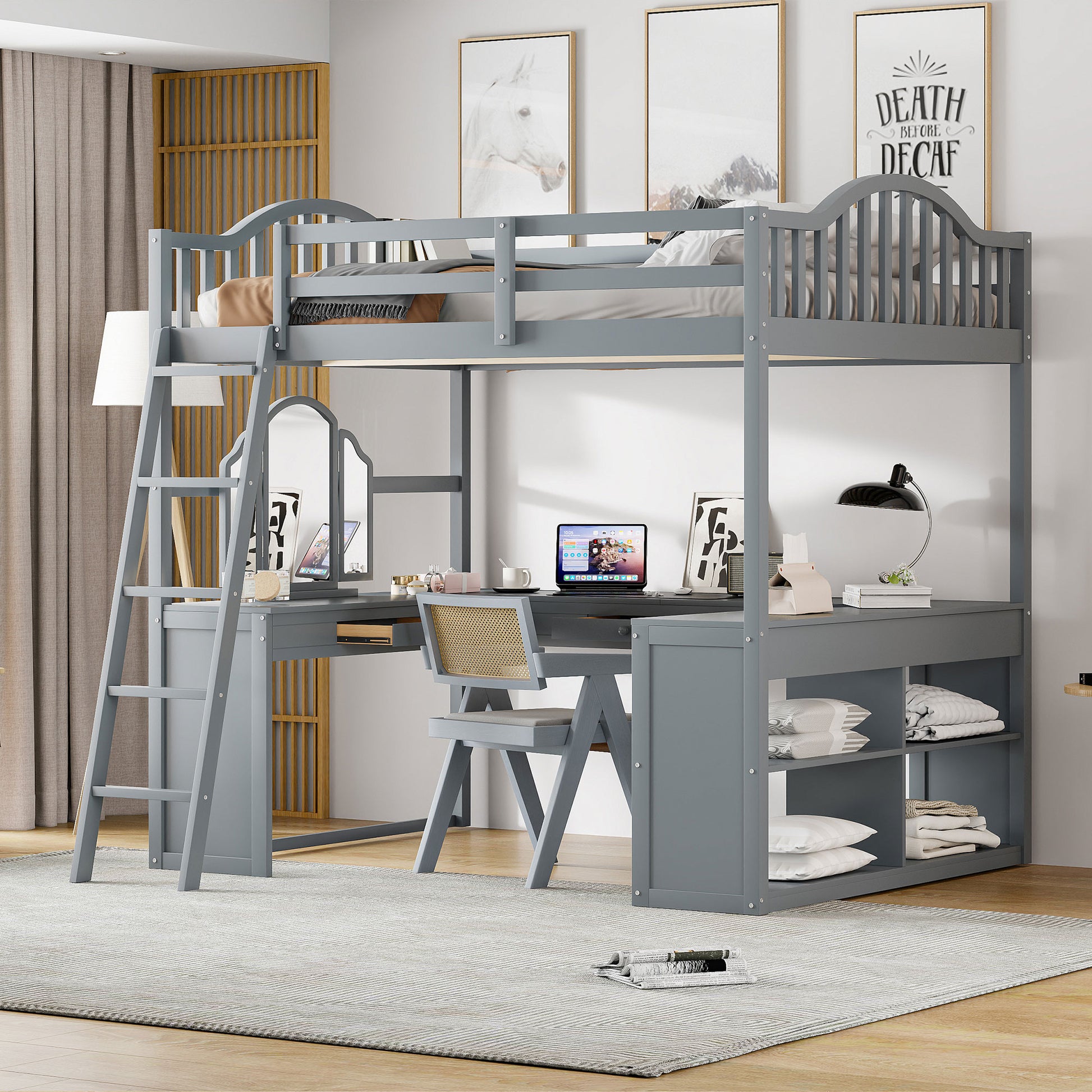 Gray wooden loft bed with integrated desk and shelving unit for kids room
