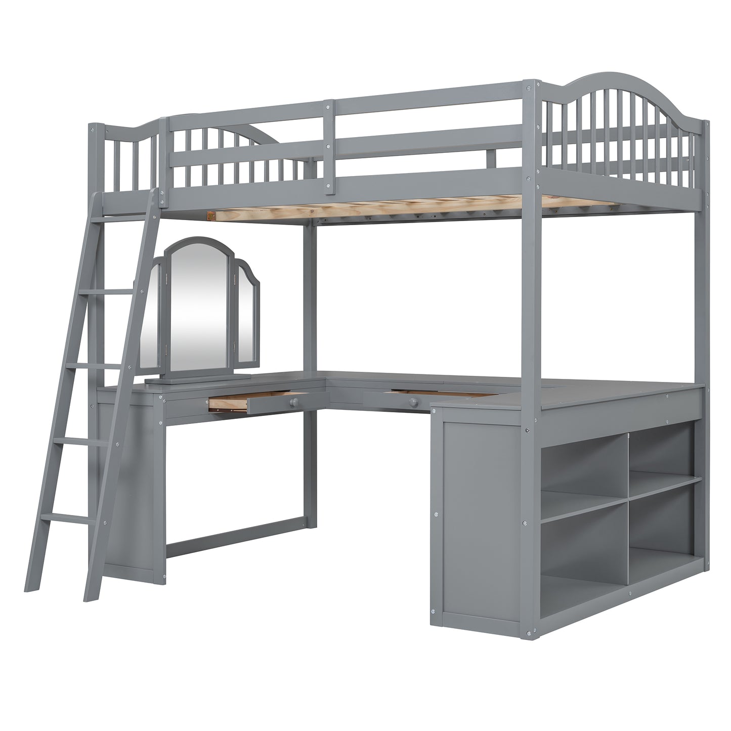 Gray wooden loft bed with integrated desk and storage shelves featuring a trifold mirror