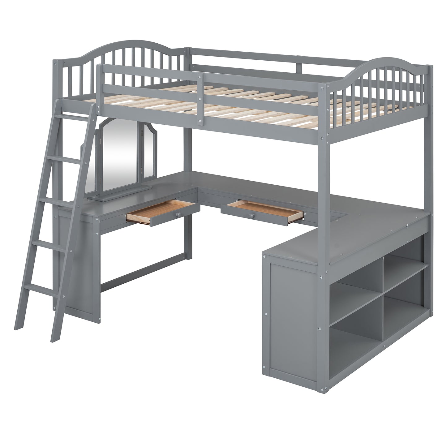 Gray loft bed with desk and storage featuring a ladder and integrated drawers for student use
