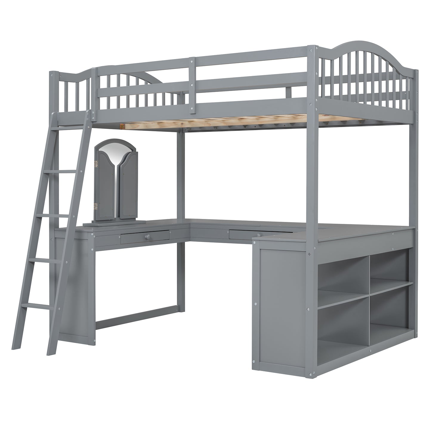 Grey wooden loft bed with a desk and storage shelves for kids room
