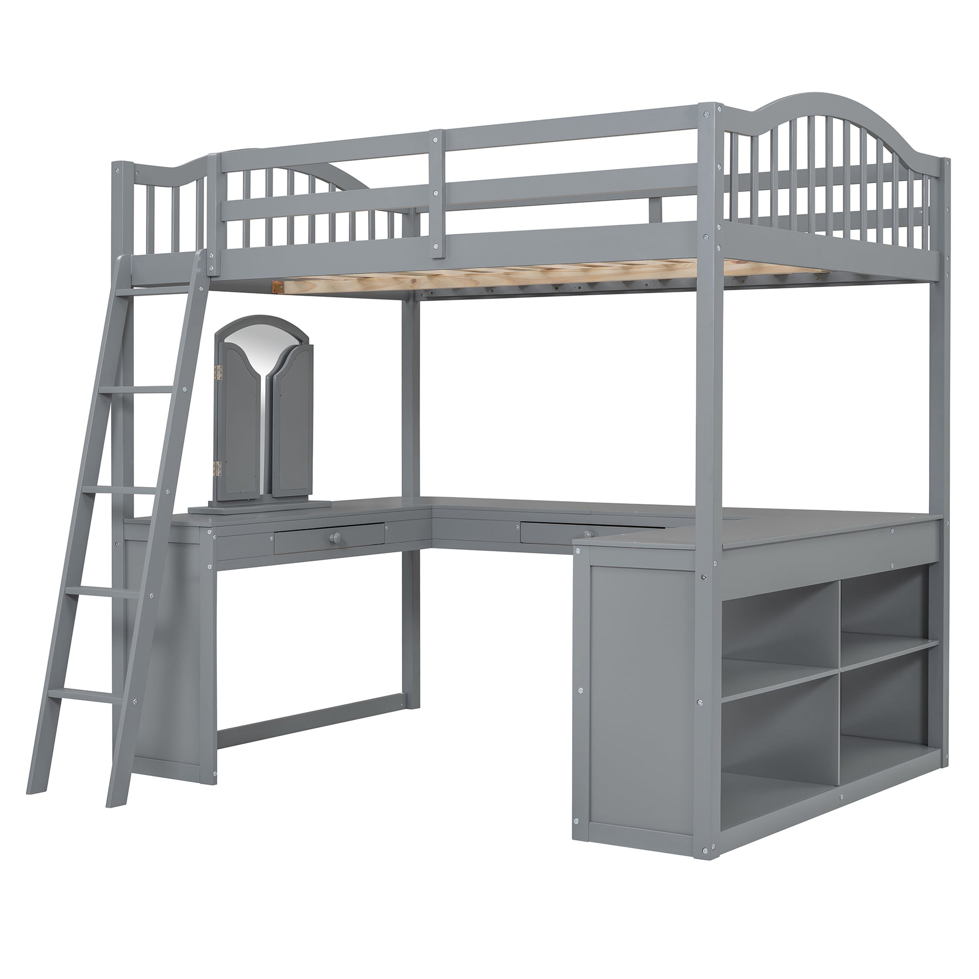 Grey wooden loft bed with a desk and storage shelves for kids room