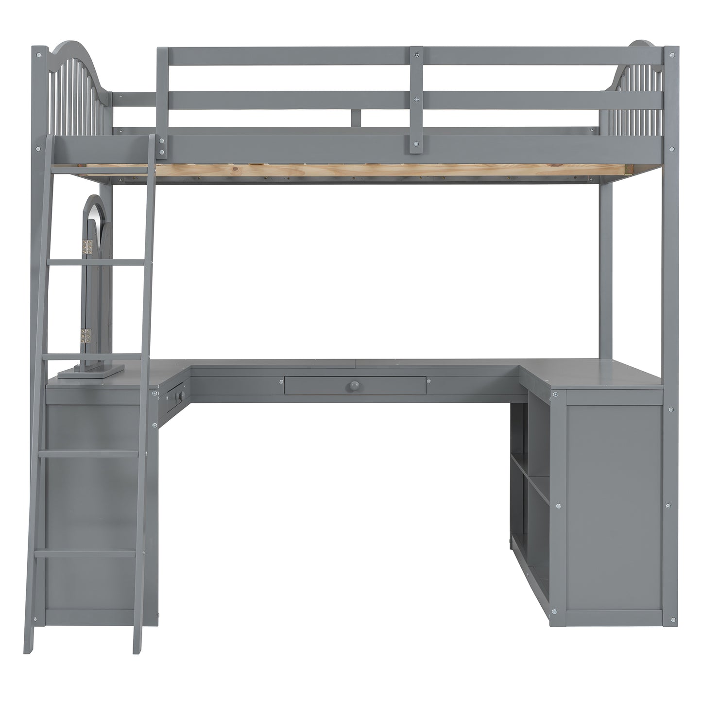Gray wooden loft bed with integrated Ushaped desk and ladder
