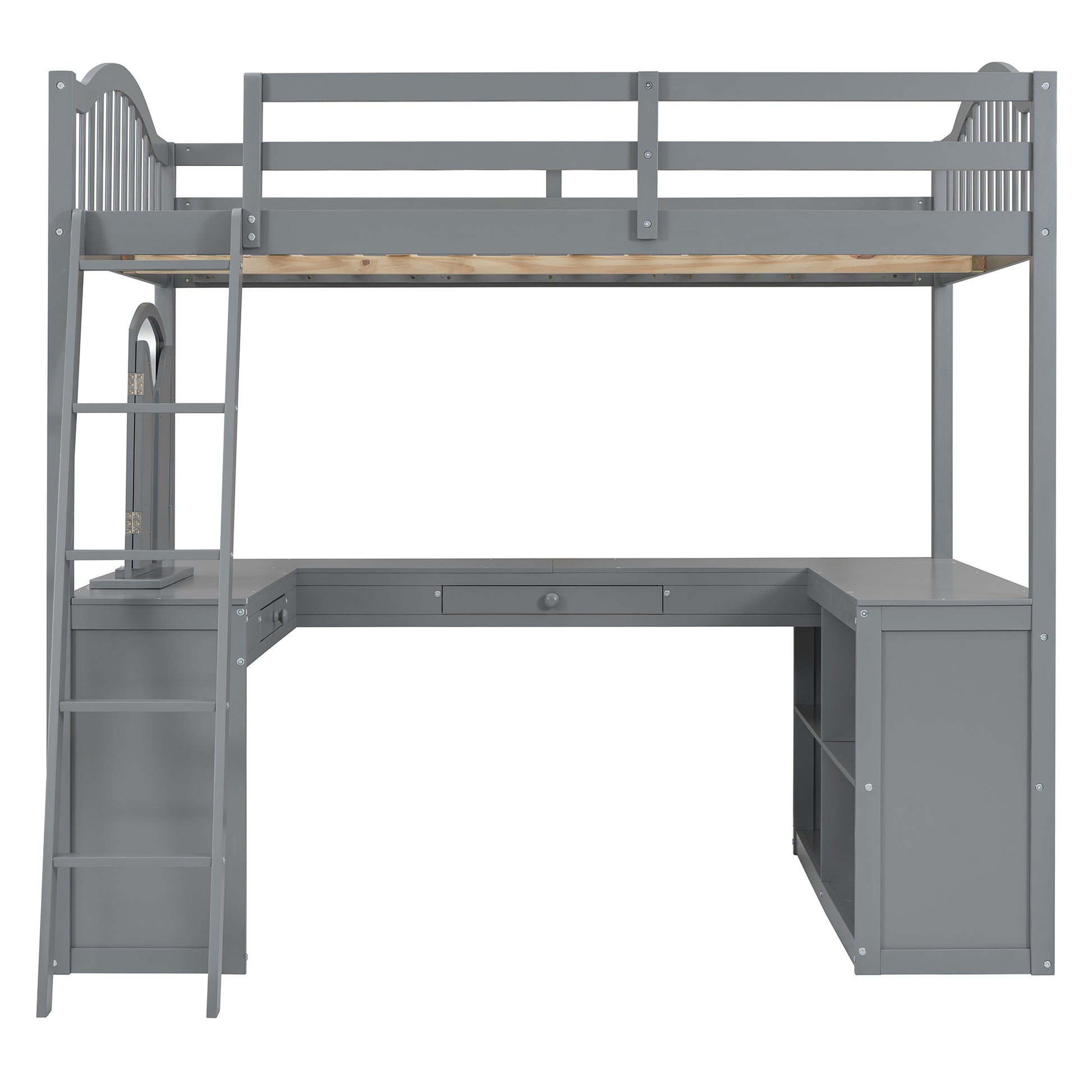 Gray wooden loft bed with integrated Ushaped desk and ladder