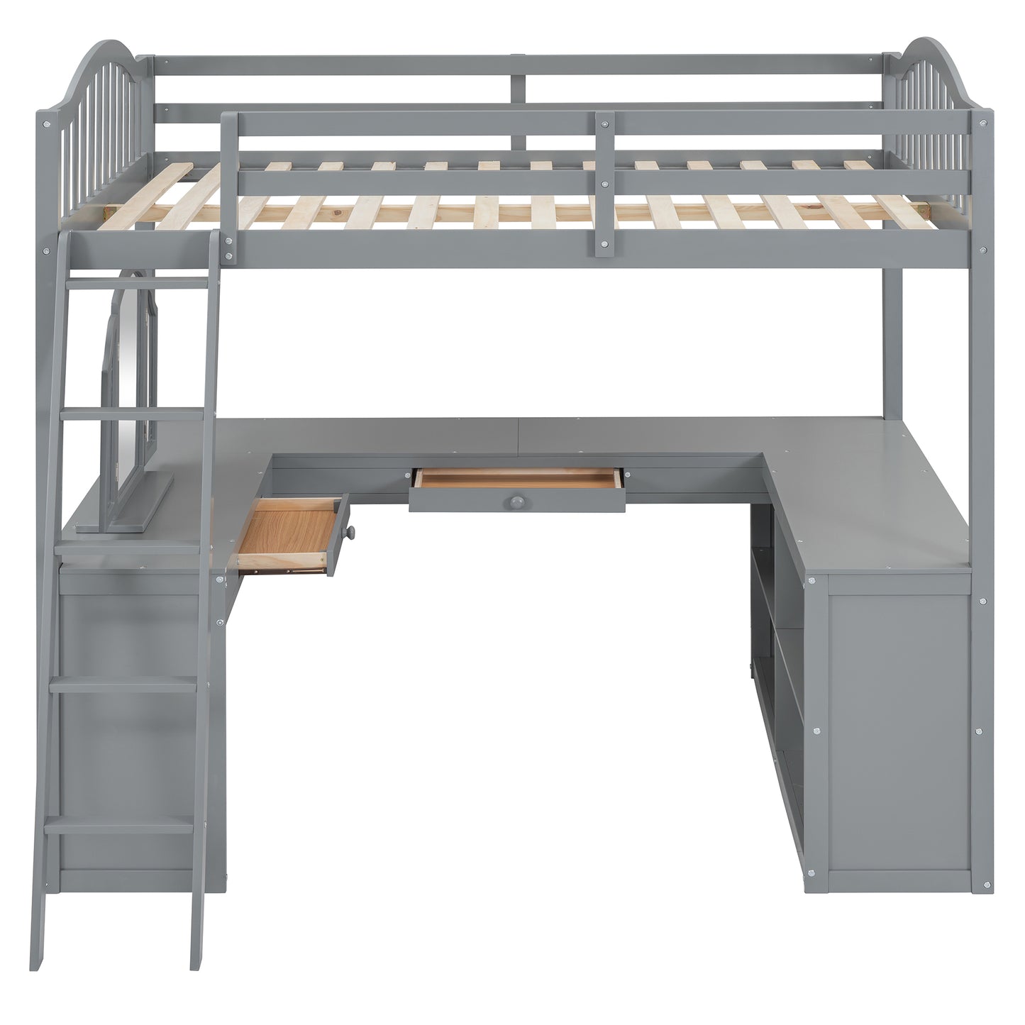 Gray loft bed with integrated desk ladder and storage shelves for kids room