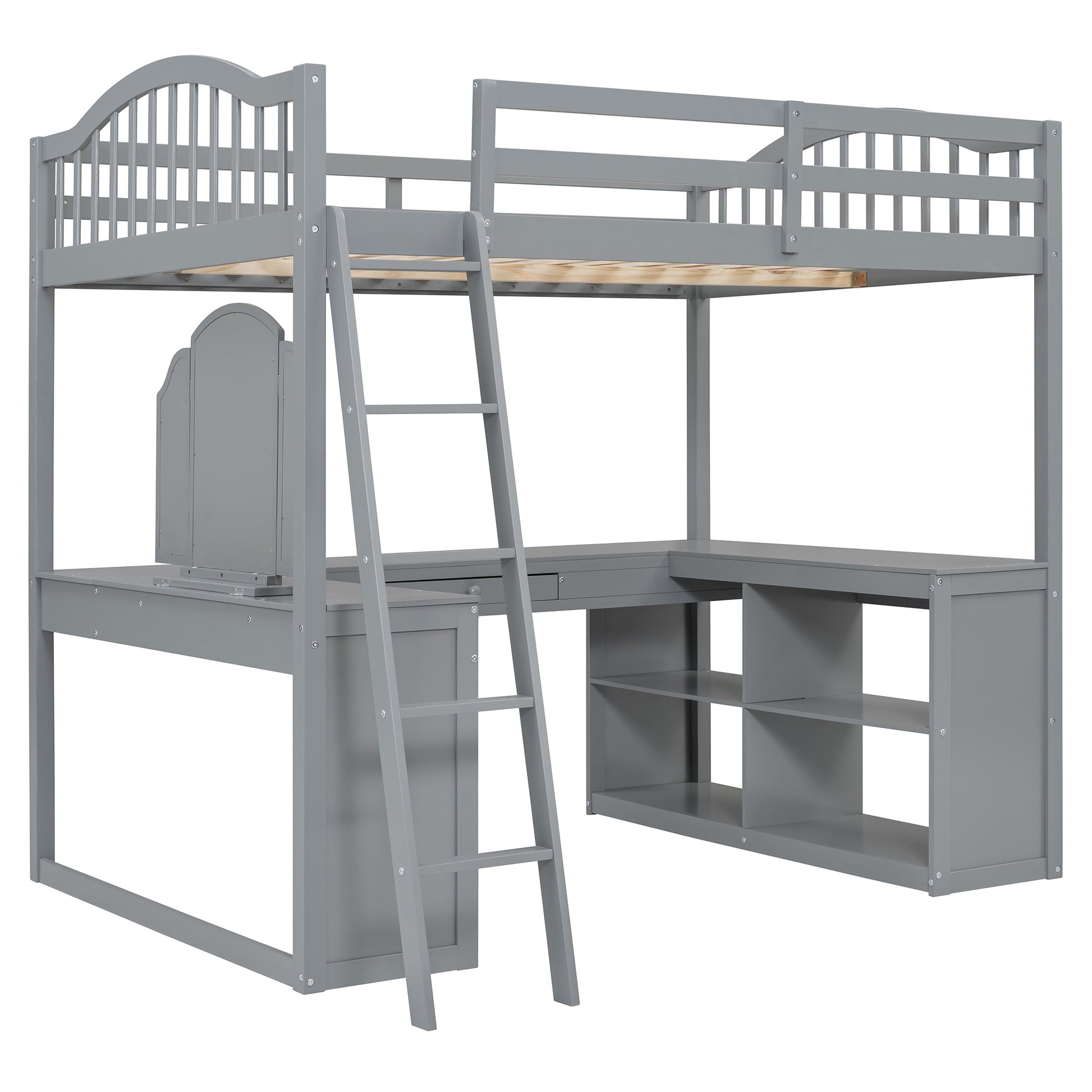 Grey wooden loft bed with integrated desk and shelving perfect for kids rooms