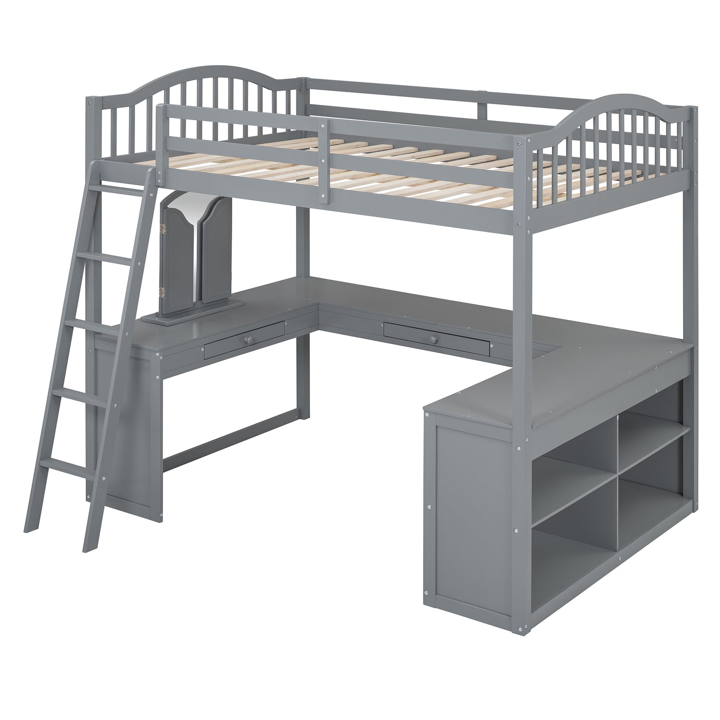 Gray wooden loft bed with integrated Lshaped desk and storage shelves