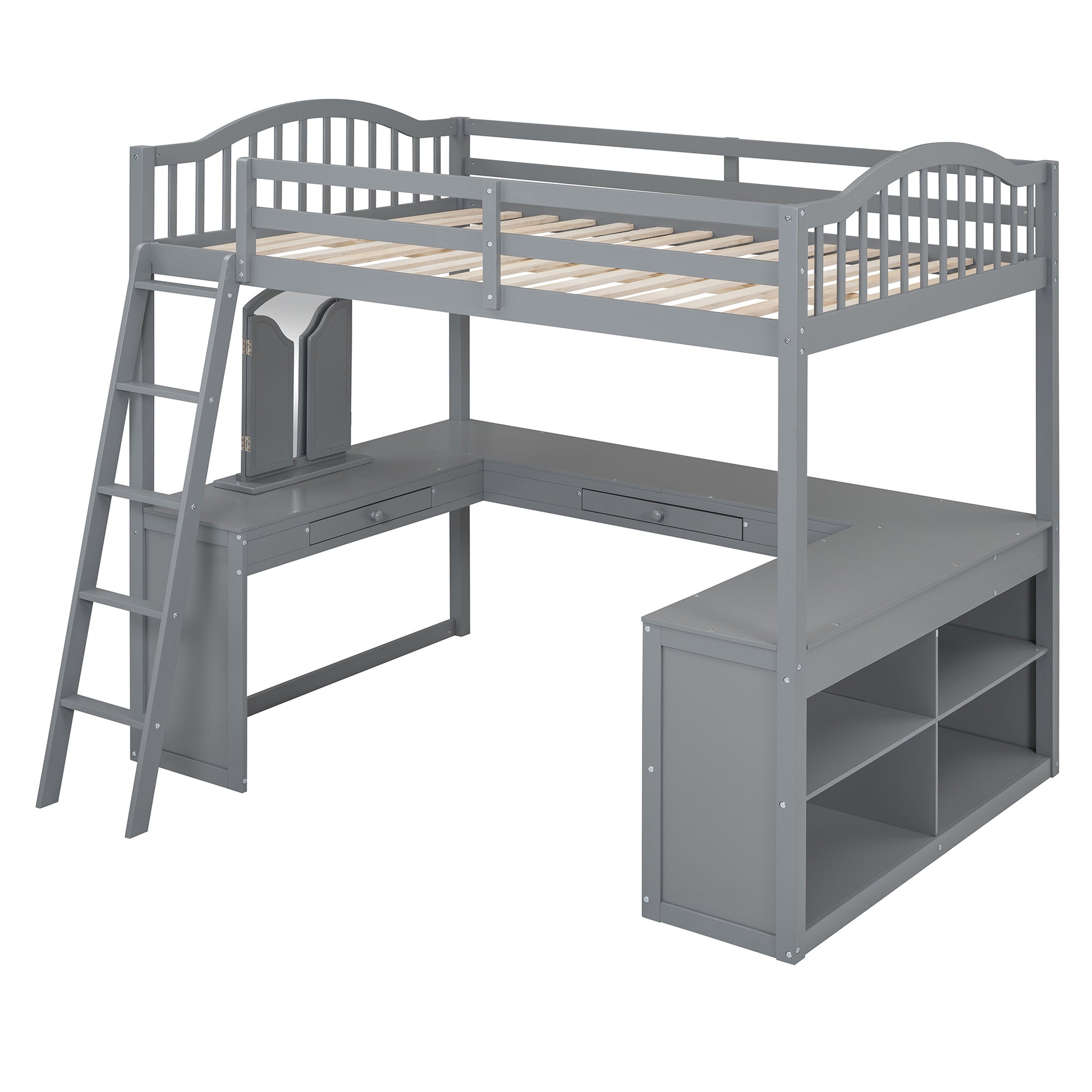 Gray wooden loft bed with integrated Lshaped desk and storage shelves
