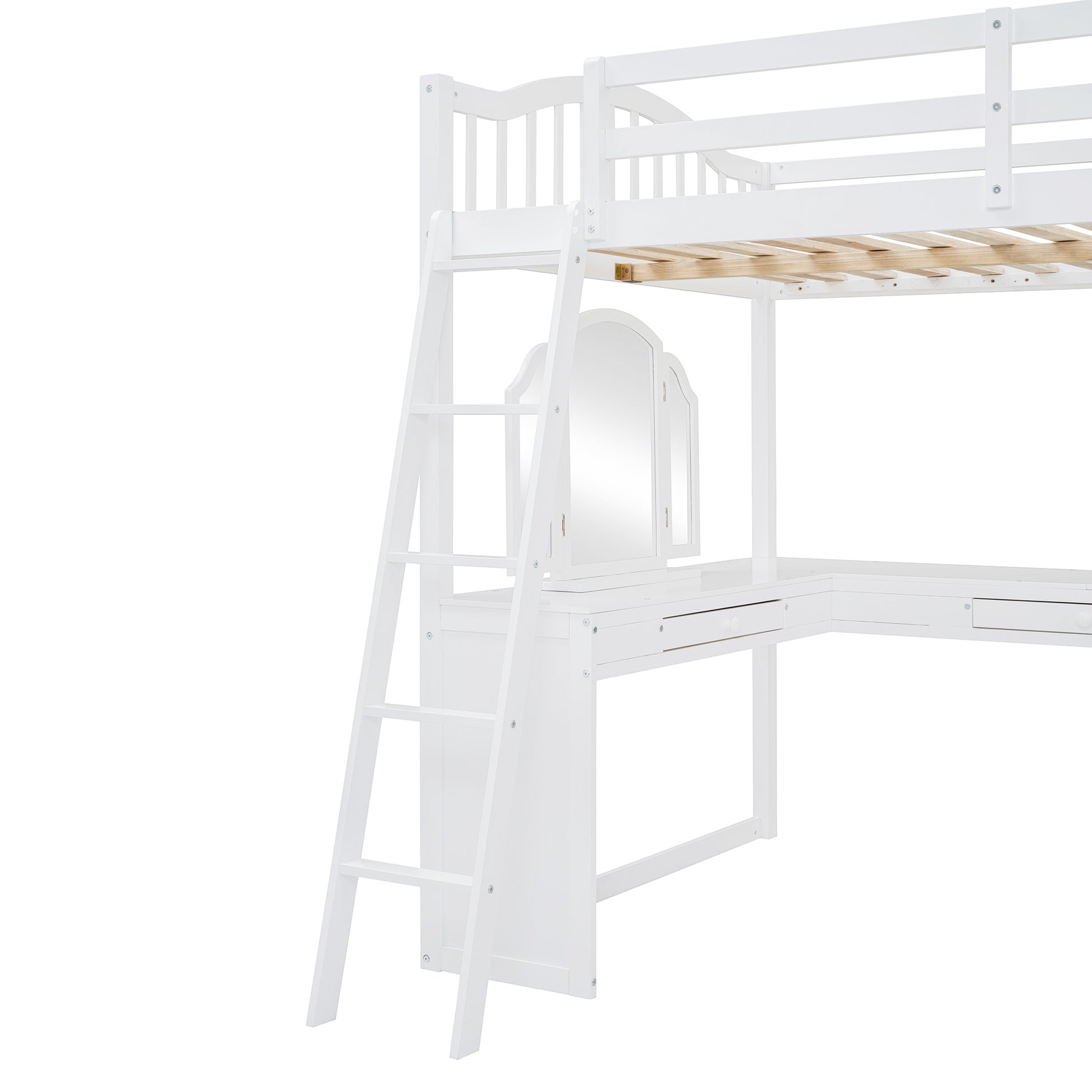 White wooden loft bed with integrated desk and a trifold mirror