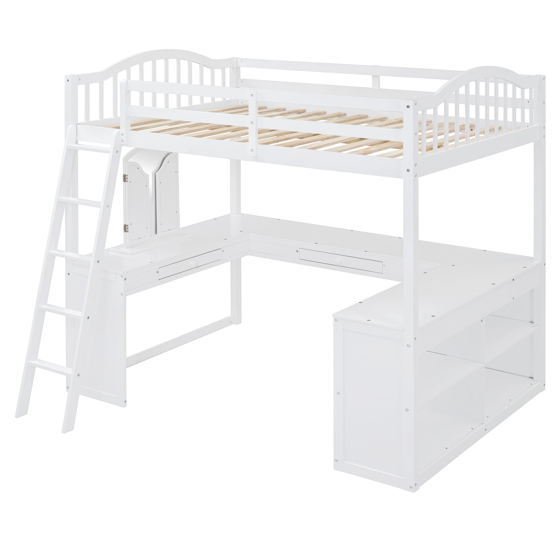White wooden loft bed with desk and shelves complete with ladder
